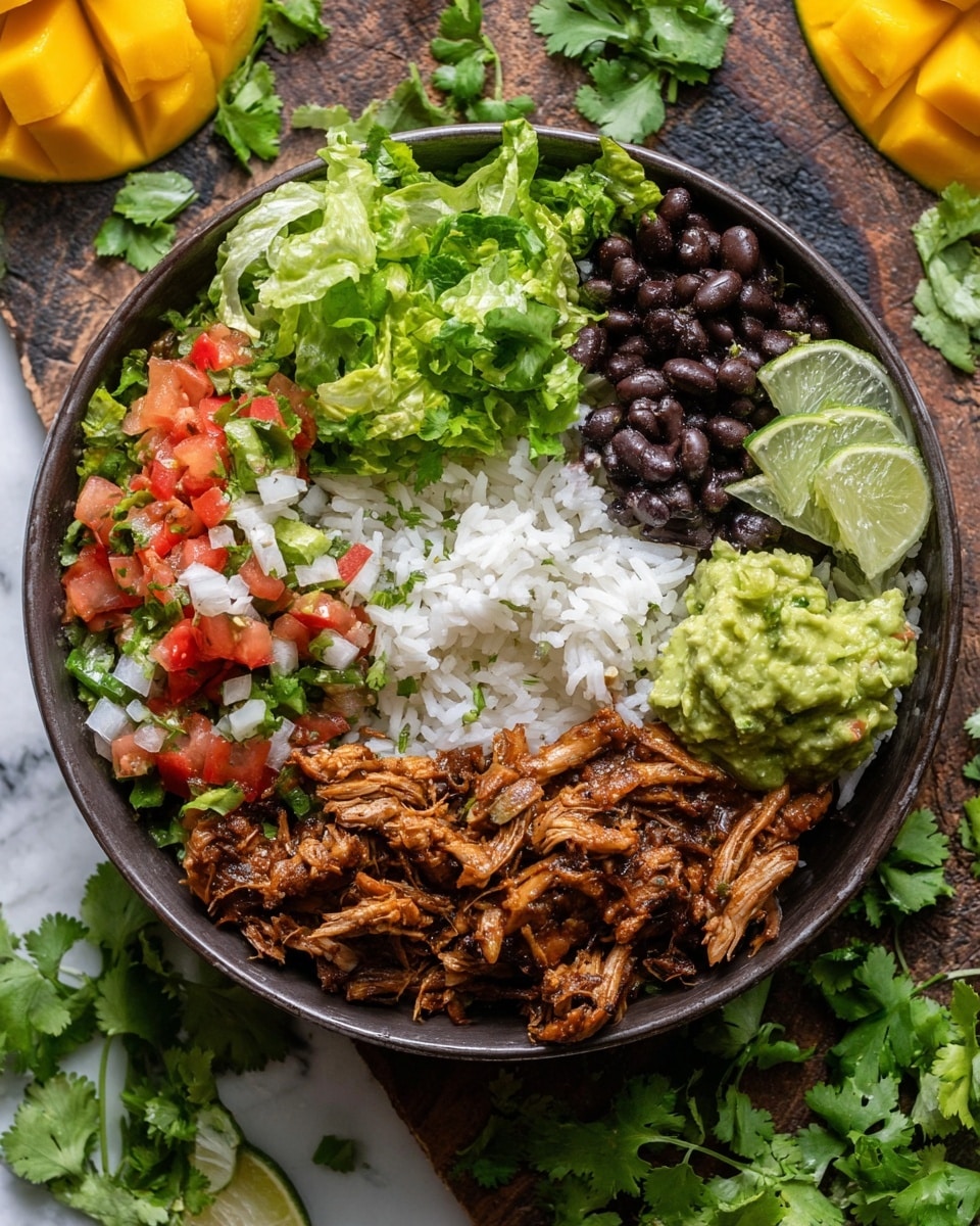 A bowl with four main layers starting with a base of white rice filling the bottom half, topped with a layer of dark black beans on one side and shredded brown meat with a saucy texture on the other. Fresh green lettuce leaves form a layer on the upper left side, while vibrant red and white diced tomatoes and onions mix with green chopped cilantro and a small serving of chunky light green guacamole on the top right. Two thin lime wedges rest on top of the black beans near the center-right edge. The bowl is set on a rough wooden surface with scattered green cilantro leaves and slices of bright orange mango around it, all against a white marbled background. photo taken with an iphone --ar 4:5 --v 7