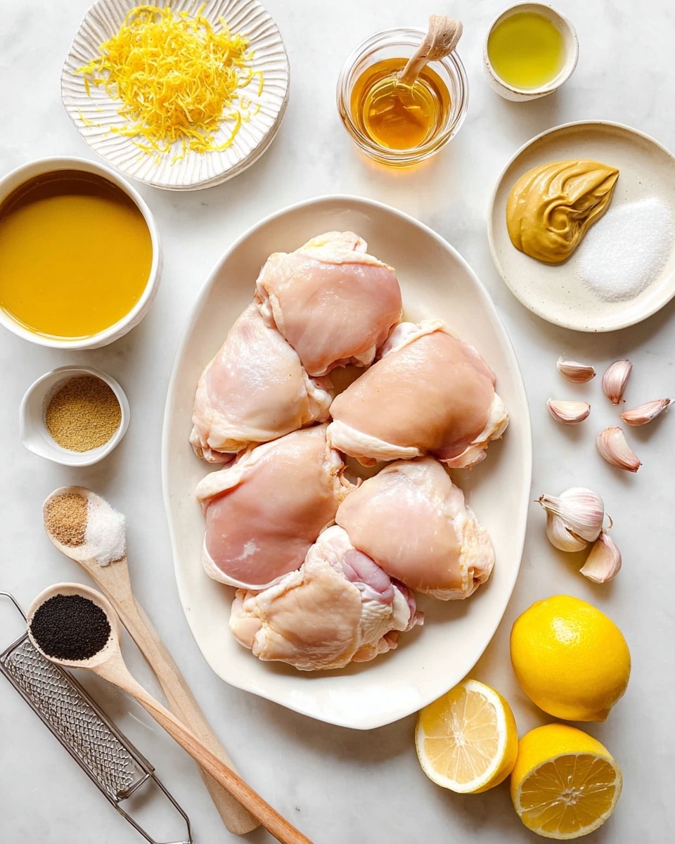 A white oval plate holds six raw chicken thighs, light pink with some white fat showing. Around the plate are small white bowls and spoons: one bowl with smooth yellow mustard, a small white dish with golden honey and a honey dipper, a white spoon with light brown sugar, a wooden spoon with white salt, a black spoon with crushed black pepper, a cup with light yellow olive oil, and a small white cup with a pale yellow liquid. To the right, there are garlic cloves and garlic bulb pieces. At the bottom right, a lemon is being squeezed with a wooden reamer, with one whole lemon and one half lemon nearby. A small plate near the top left has yellow lemon zest and a metal grater resting on it. The whole setup is on a white marbled surface. Photo taken with an iphone --ar 4:5 --v 7