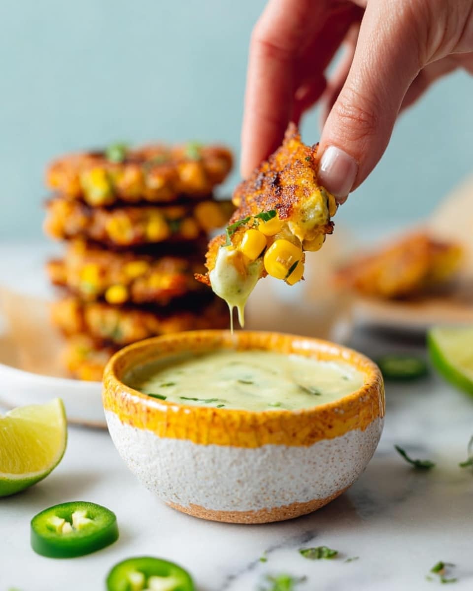 A woman's hand is holding a piece of corn fritter with visible yellow corn kernels and green herbs, dipped halfway into a small white bowl with a rough textured yellow-orange rim, filled with creamy light green sauce. In the background, there is a stack of golden brown corn fritters with green herbs on a white plate, all placed on a white marbled surface. Thin green jalapeño slices and a lime wedge are scattered near the bowl. The background is light blue and blurred for focus on the hand and dip photo taken with an iphone --ar 4:5 --v 7