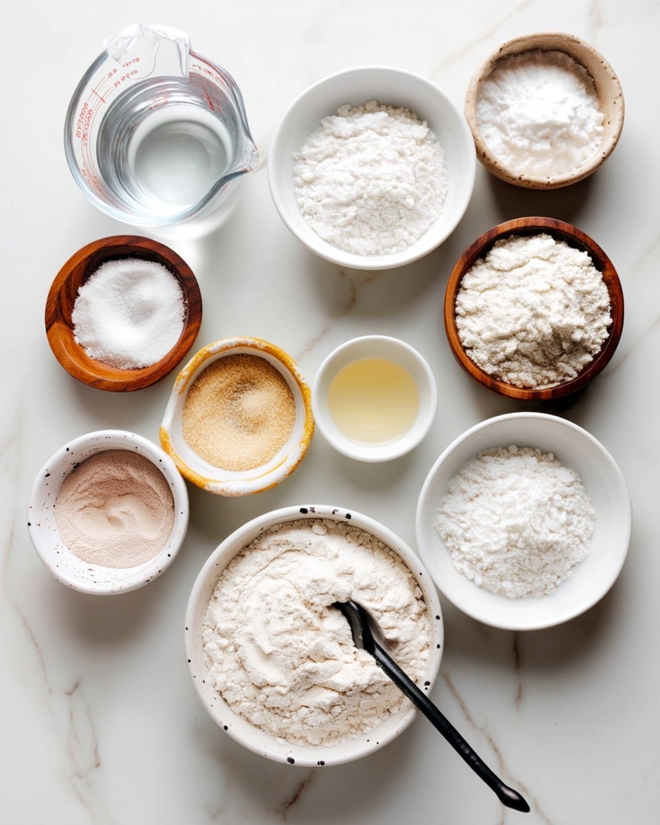 The image shows several small white bowls and one small wooden bowl arranged on a white marbled surface, each filled with different dry and liquid ingredients. At the front center, there is one larger white bowl filled with white flour, with a black spoon inside. Around it, moving clockwise from the lower left, there is a smaller white bowl with light brown powder, another white bowl with pale yellow liquid, a small wood bowl with white salt, a white ceramic bowl with beige granules, a white bowl with light tan powder, and two white bowls with white powders. In the top left corner, a clear glass measuring cup with water is partially visible. The overall look is clean, minimal, and organized, showing the recipe components clearly. photo taken with an iphone --ar 4:5 --v 7