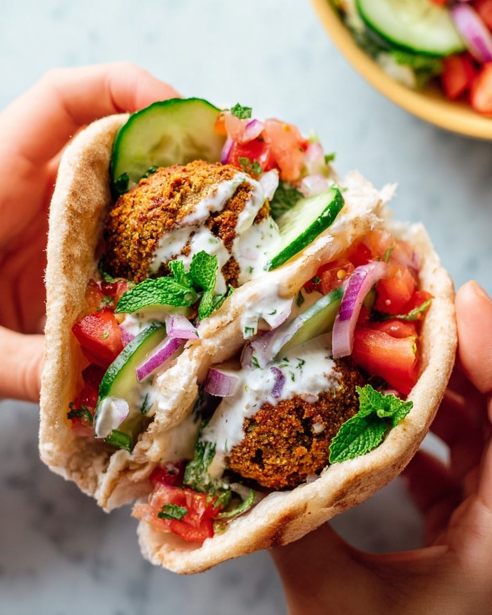 A close-up view shows a pita bread sandwich held by two hands, filled with two crispy, golden-brown falafel balls. Inside the pita, there is a mix of fresh, chunky red tomatoes, sliced green cucumbers, thin slices of purple-red onions, and bright green mint leaves. A white creamy sauce with herbs is drizzled over the falafel and vegetables, adding a smooth texture. The pita bread is light tan and soft, slightly open to show all the layers inside. The background features a white marbled texture with a soft blur of a bowl of salad in the back. Photo taken with an iphone --ar 4:5 --v 7