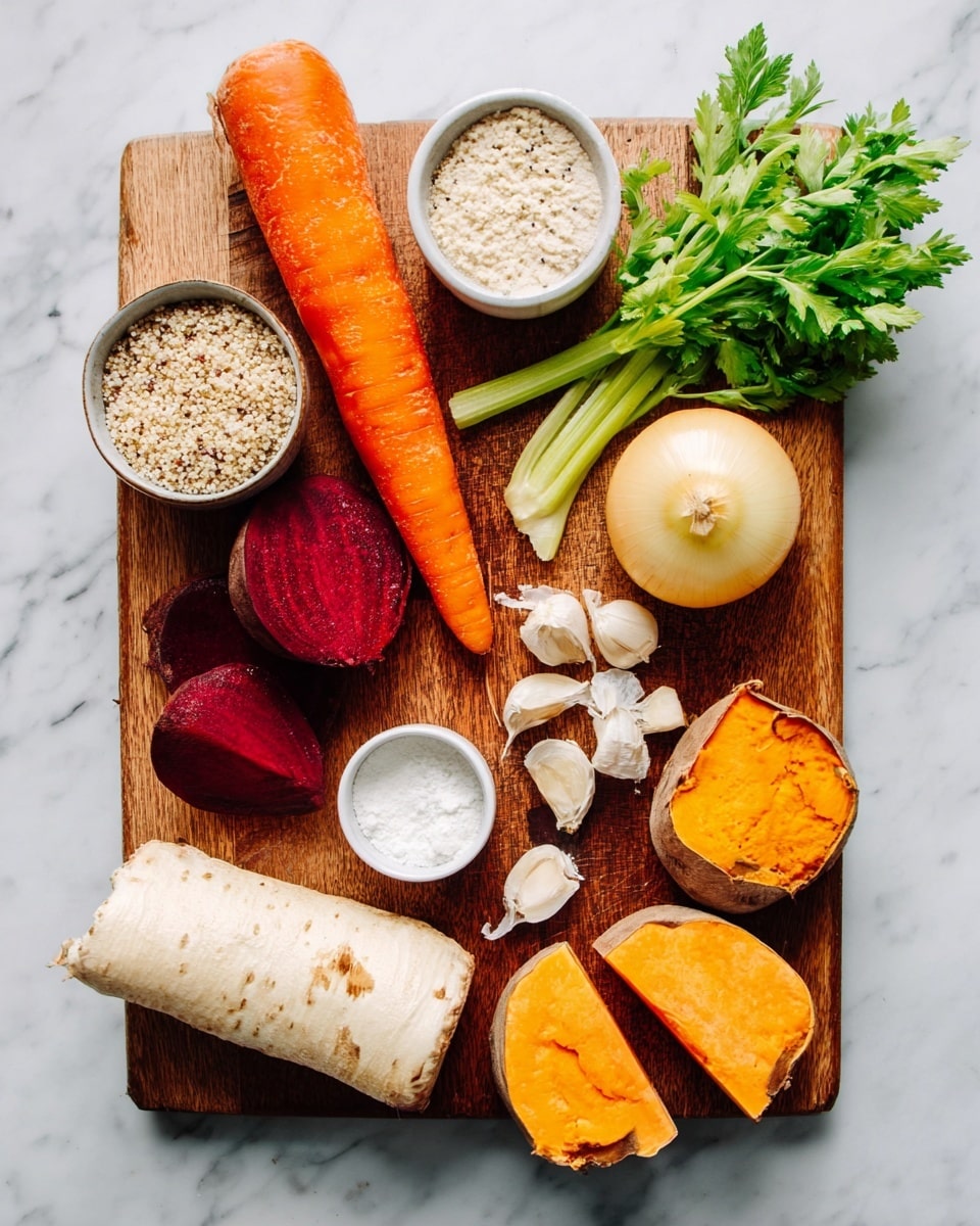 This image shows a wooden cutting board on a white marbled surface filled with fresh ingredients. At the top is one long bright orange carrot, below it are green celery leaves in the middle. To the right, a round yellow turnip, a half white onion with brown skin at the bottom half, and a half orange sweet potato lie next to peeled garlic cloves. On the left side are two red beet halves, and three small white bowls containing mixed quinoa, white flour, and another flour. At the bottom left corner, a whole white parsnip lies horizontally. The ingredients are arranged neatly, showing vibrant colors and natural textures. Photo taken with an iphone --ar 4:5 --v 7