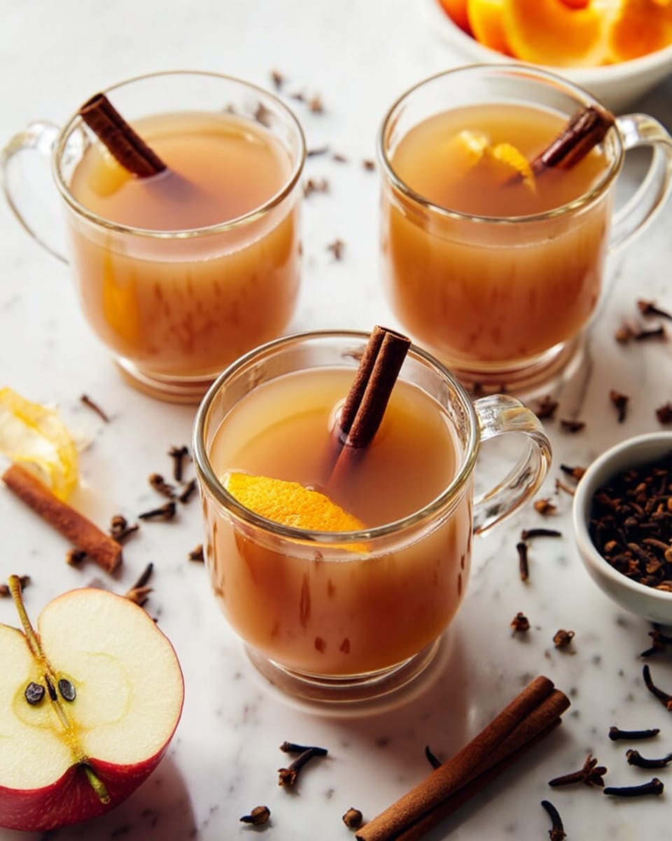 The image shows three clear glass cups filled with warm, light brown apple cider, each cup containing one dark brown cinnamon stick standing vertically and a bright orange peel floating near the bottom. The cups are placed on a white marbled surface surrounded by loose dark cloves, a cinnamon stick, scattered orange peels, and a halved red apple with a light yellow interior positioned on the left side. In the background, there is a white bowl holding extra orange peels and a small pile of dark cloves in a white bowl partially visible to the left. The overall look is warm, inviting, and cozy. photo taken with an iphone --ar 4:5 --v 7