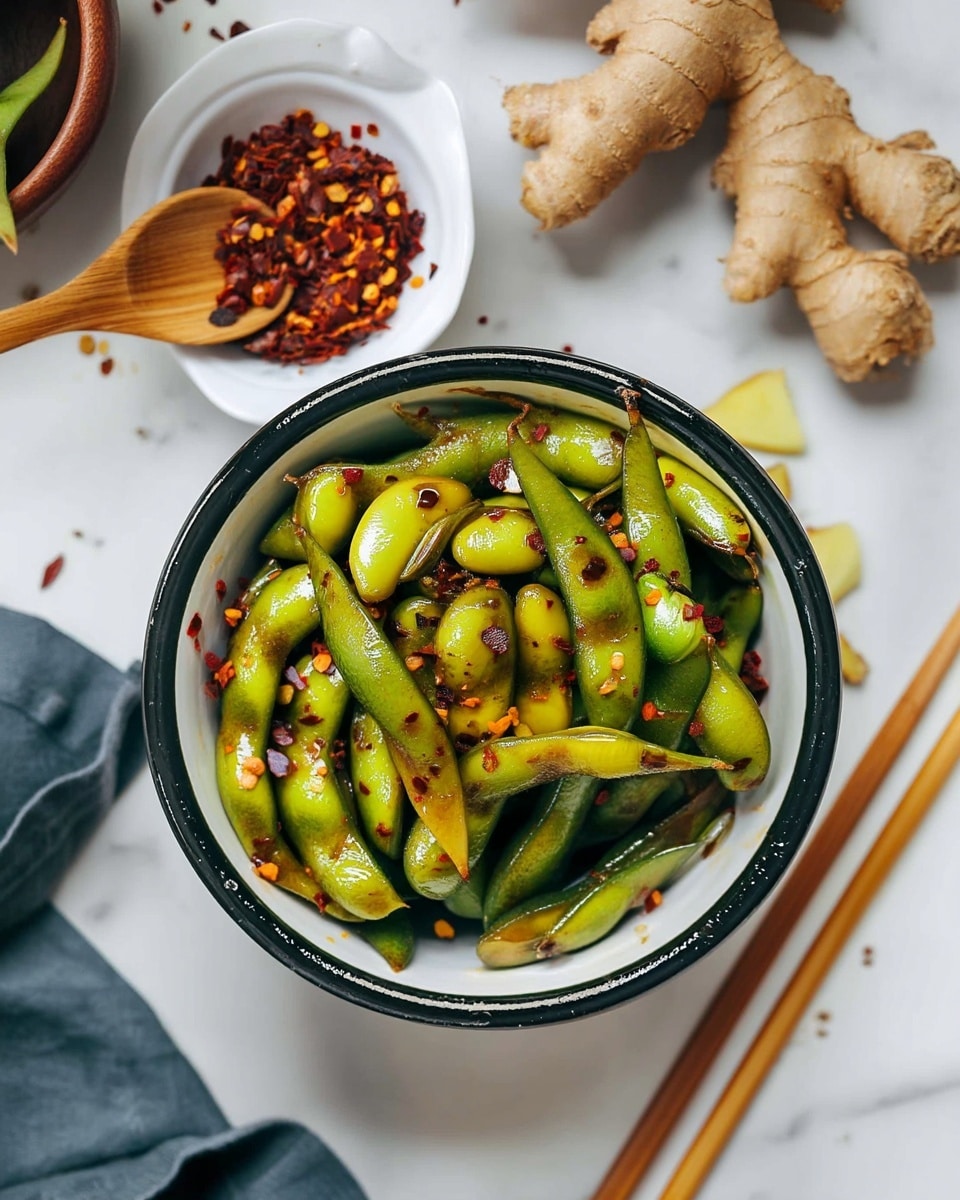 A white bowl with a black rim is filled with bright green edamame pods, coated in a shiny sauce and sprinkled generously with red chili flakes. The bowl sits on a white marbled surface surrounded by a wooden spoon with chili flakes in a small white bowl, a sliced piece of light yellow ginger root, a pair of wooden chopsticks, and a dark gray cloth. The colors are fresh and vibrant with a mix of green, red, and natural wood tones. photo taken with an iphone --ar 4:5 --v 7