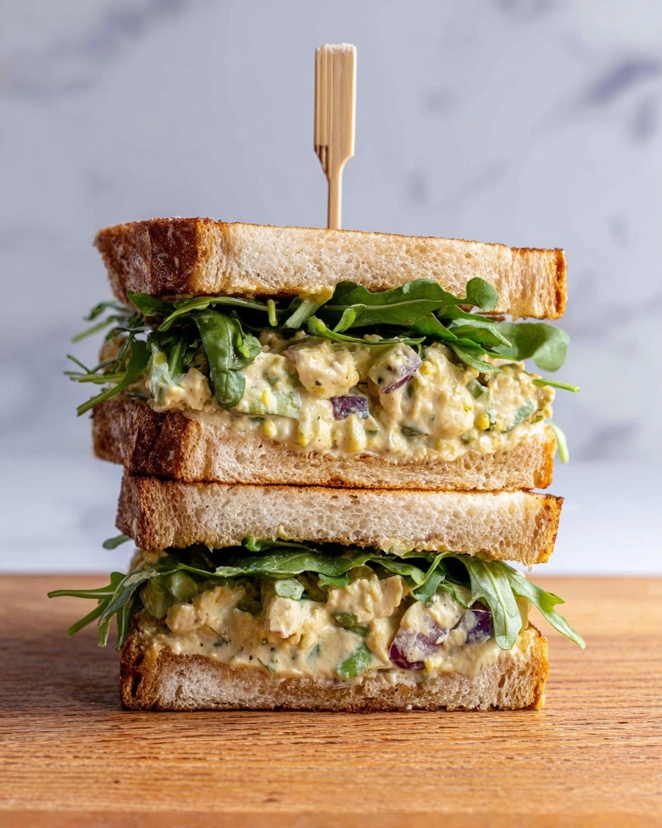 The image shows a close-up of a two-layer sandwich stacked on a wooden surface with a white marbled background. Each layer has toasted light brown bread with a slightly crispy texture. The filling consists of a creamy mix with visible small green pieces and purple chunks, topped with fresh dark green leafy vegetables like arugula that peek out on the sides. A small wooden pick is inserted vertically through the top center of the sandwich, holding the layers together. The colors contrast well, with the golden-brown toast, creamy filling, and bright greens standing out clearly. Photo taken with an iphone --ar 4:5 --v 7