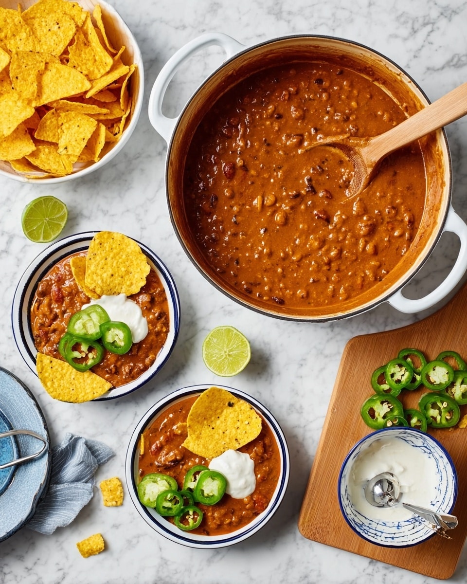 A white pot filled with thick orange-brown chili sits in the center, with a wooden spoon resting inside, partially submerged in the chili. Two white plates with blue rims hold yellow round chips topped with the chili, green jalapeno slices, and dollops of white sour cream, along with lime wedges on the side. A white bowl filled with more yellow round chips sits to the left. On the right, a light wood cutting board contains sliced green jalapenos and lime wedges, next to a small white bowl with blue rim holding white sour cream with a silver spoon. Everything is set on a white marbled surface. photo taken with an iphone --ar 4:5 --v 7