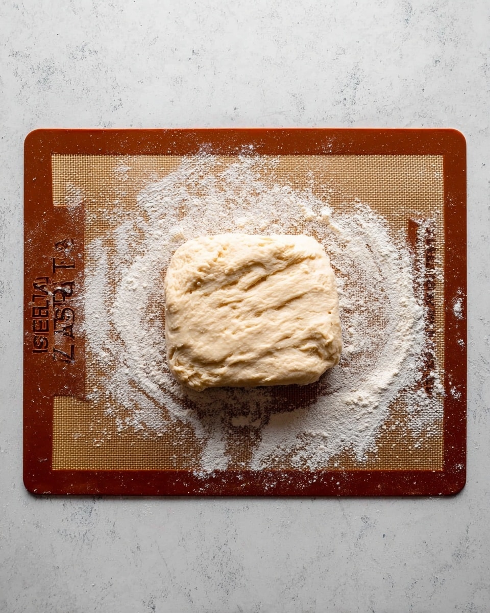 A small block of light beige dough with a slightly rough texture sits in the center of a rectangular brown silicone baking mat dusted loosely with white flour. The dough looks soft, slightly flattened, and unevenly shaped with small indentations and creases on the surface. The baking mat is placed on a white marbled surface, and the focus is entirely on the dough and baking mat, with no other objects visible. photo taken with an iphone --ar 4:5 --v 7