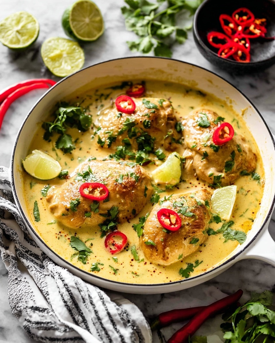The image shows a white skillet filled with three pieces of cooked chicken in a light yellow creamy sauce. The chicken pieces have a soft brown color and are topped with small slices of bright red chili and fresh green cilantro leaves. The sauce surrounds the chicken and has a smooth texture with some cilantro pieces mixed in. Around the skillet, there are whole red chilies, lime halves, and sprigs of cilantro on a white marbled surface. A black bowl with red chili slices and a white and black striped cloth napkin are also placed near the skillet. photo taken with an iphone --ar 4:5 --v 7