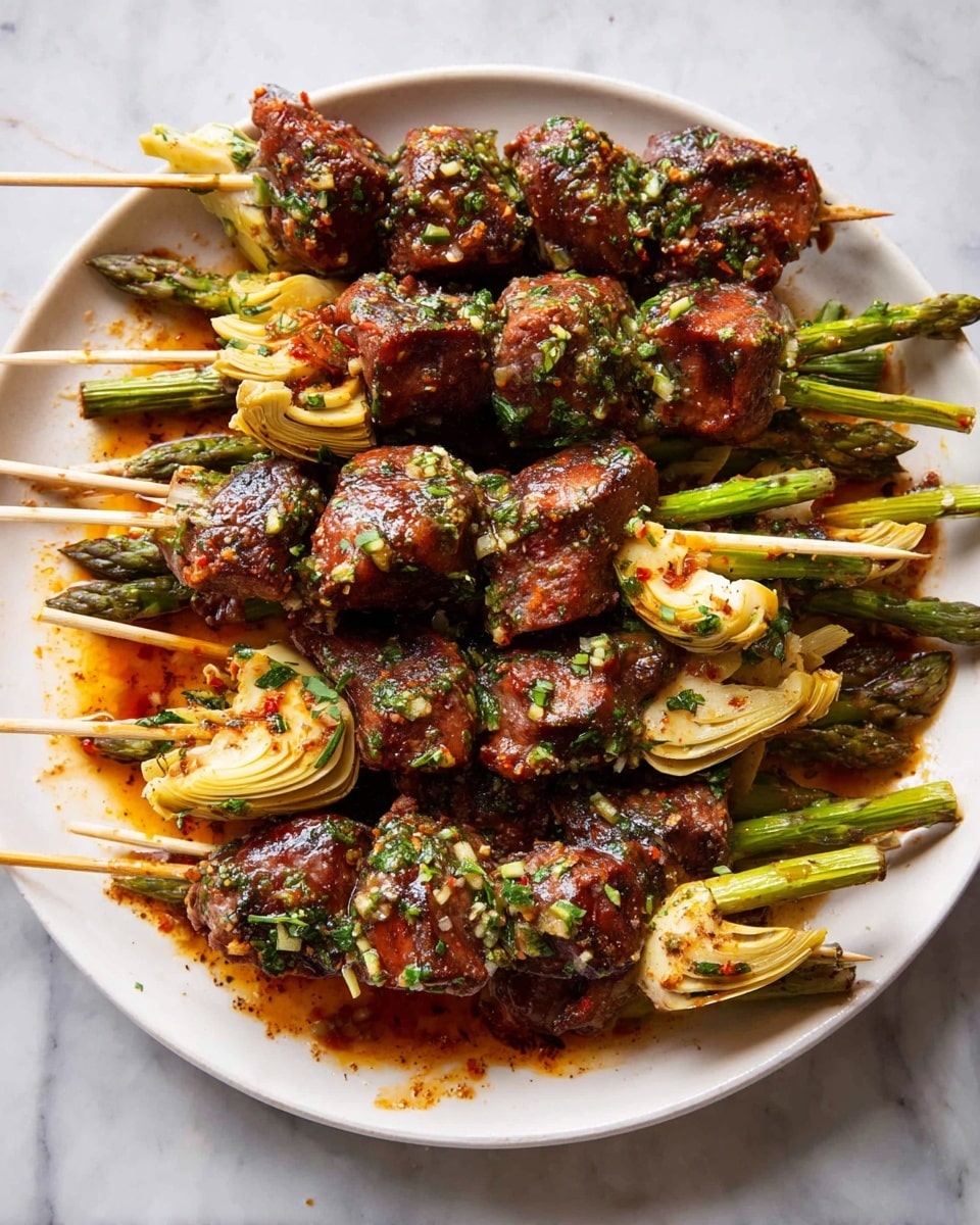 A white plate is filled with several wooden skewers stacked close together, each holding three main layers: dark reddish-brown grilled meat pieces with a shiny, slightly oily texture and green herbs sprinkled on top, light green asparagus stalks placed between the meat pieces, and pale yellow artichoke hearts with a soft, layered texture on top or in the middle sections. The entire plate has a light coating of reddish sauce with visible bits of herbs, and the plate rests on a surface with a white marbled texture. photo taken with an iphone --ar 4:5 --v 7
