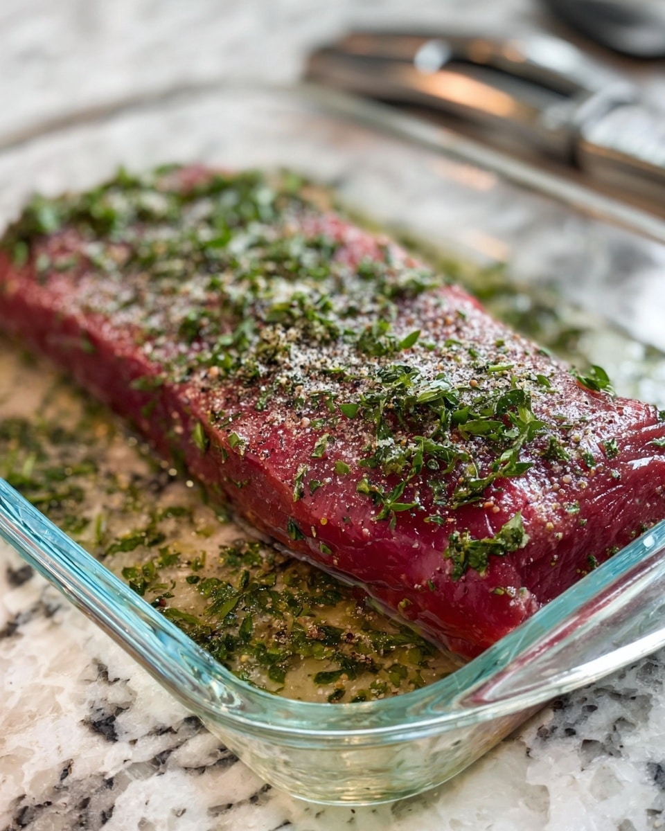 A rectangular piece of raw red meat lies in a clear glass baking dish, covered with chopped green herbs and sprinkled with coarse white salt and ground black pepper. The meat has a slightly shiny texture from the oil underneath and around it. The dish is placed on a white marbled surface. The background shows a blurred silver kitchen tool in the upper right corner. photo taken with an iphone --ar 4:5 --v 7