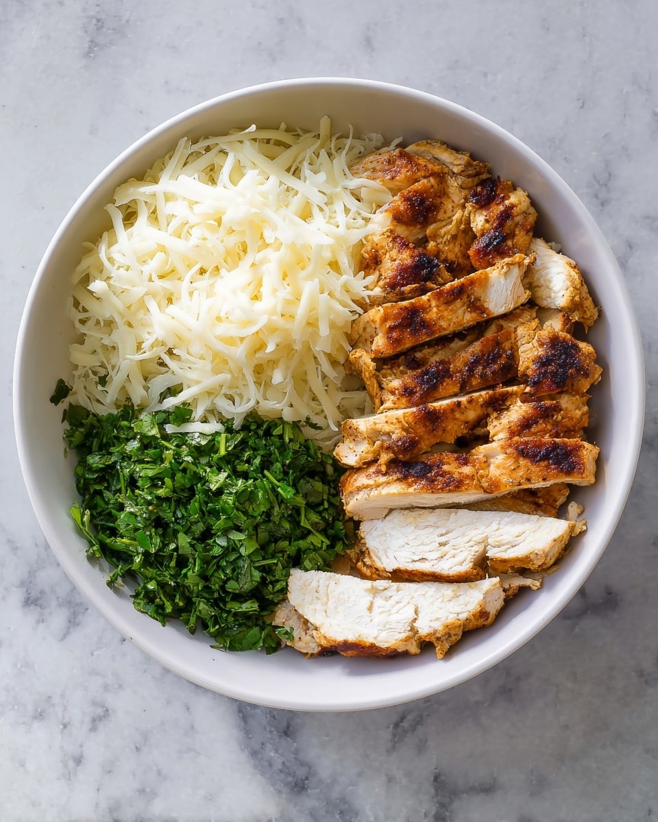 A white bowl contains three main parts arranged in separate sections: on the left side, a pile of small chopped green herbs with leafy texture; next to it, a large mound of shredded white cheese, soft and stringy; on the right, a collection of cooked chicken pieces with browned grill marks, sliced into thick strips showing a white interior and golden-brown exterior. The bowl sits on a white marbled surface. photo taken with an iphone --ar 4:5 --v 7