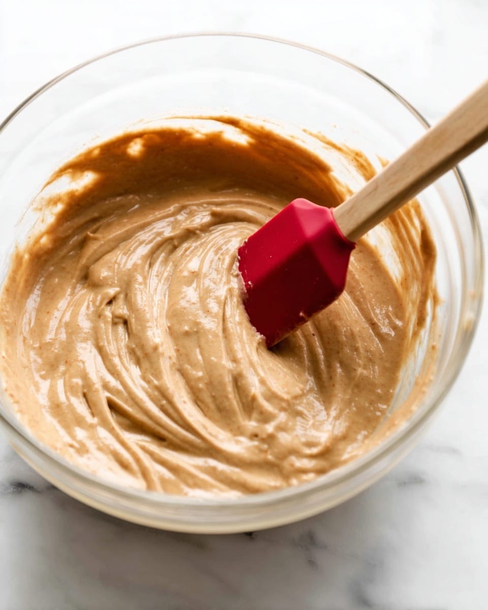 A clear glass bowl filled with smooth light brown batter, showing soft folds and swirls on the surface from stirring. A red spatula with a wooden handle is partially dipped into the thick batter, resting at an angle. The bowl is set on a white marbled surface, adding a clean, bright feel to the image. photo taken with an iphone --ar 4:5 --v 7