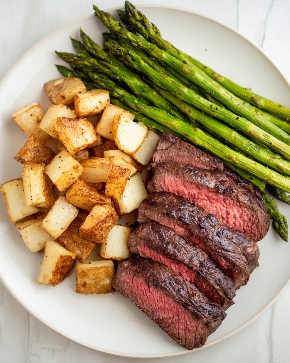 On a white plate with a white marbled texture background, there is a meal with three parts. On the left side, there are crispy roasted potato cubes with a golden brown outer layer and soft white inside. In the middle, a bunch of green asparagus spears lay side by side, showing a fresh and slightly shiny texture. On the right side, there is a grilled steak with a dark brown crust on the outside and evenly sliced pieces showing a pink, juicy inside. Photo taken with an iphone --ar 4:5 --v 7
