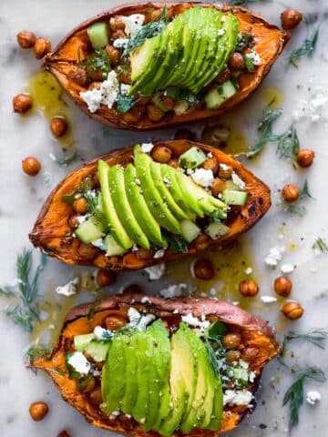 Mediterranean Stuffed Sweet Potatoes with Roasted Chickpeas and Toppings Recipe