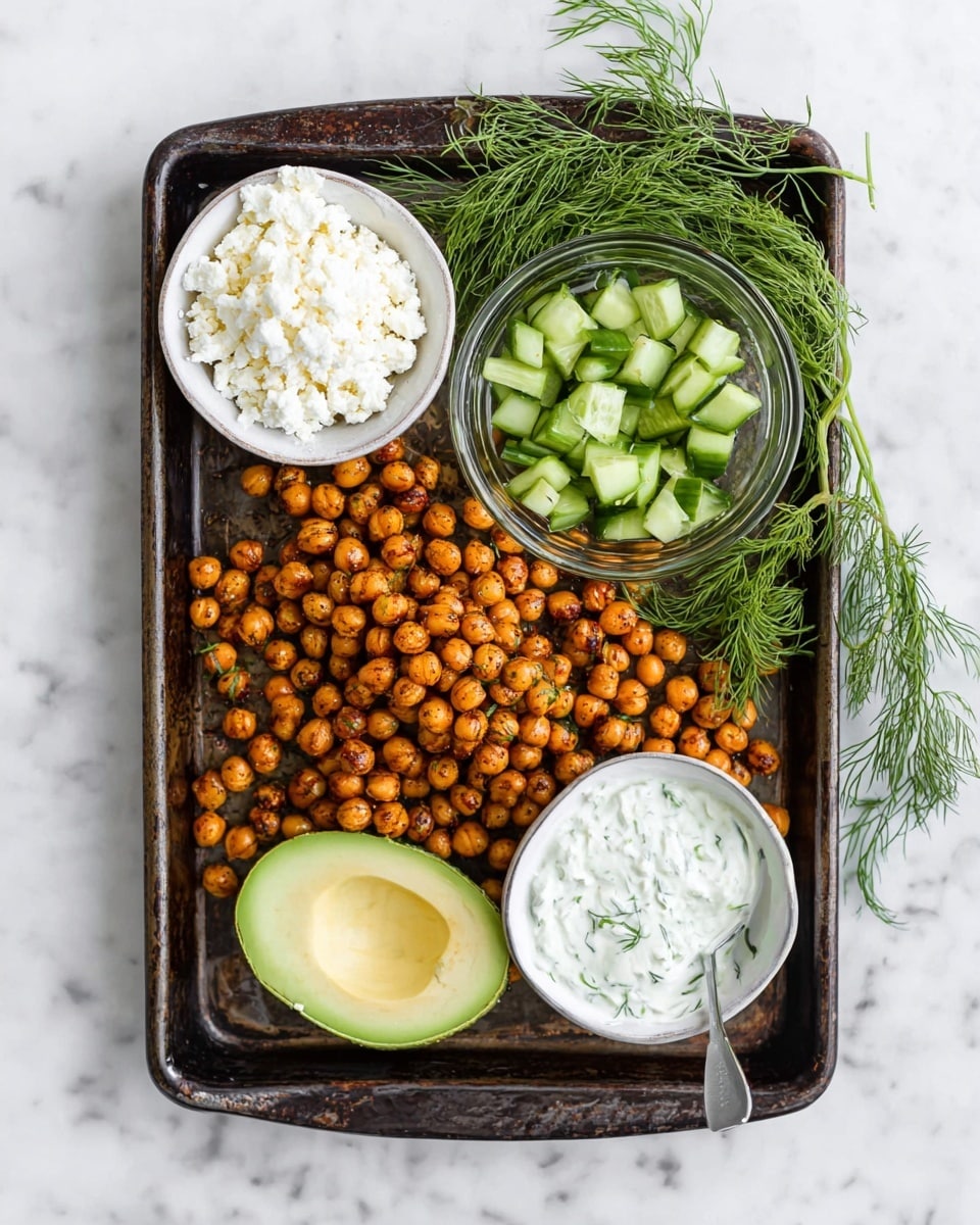 A dark metal tray on a white marbled surface holds roasted chickpeas spread evenly across the base. On the top left side, a small white bowl contains crumbled white cheese. Near the center, a clear glass bowl is filled with bright green chopped cucumber pieces. Fresh green dill sprigs lie to the right of the cucumber bowl. A halved avocado with a smooth light green inside rests at the bottom left corner of the tray. At the bottom right, another small white bowl holds a creamy white sauce with green herb bits. photo taken with an iphone --ar 4:5 --v 7