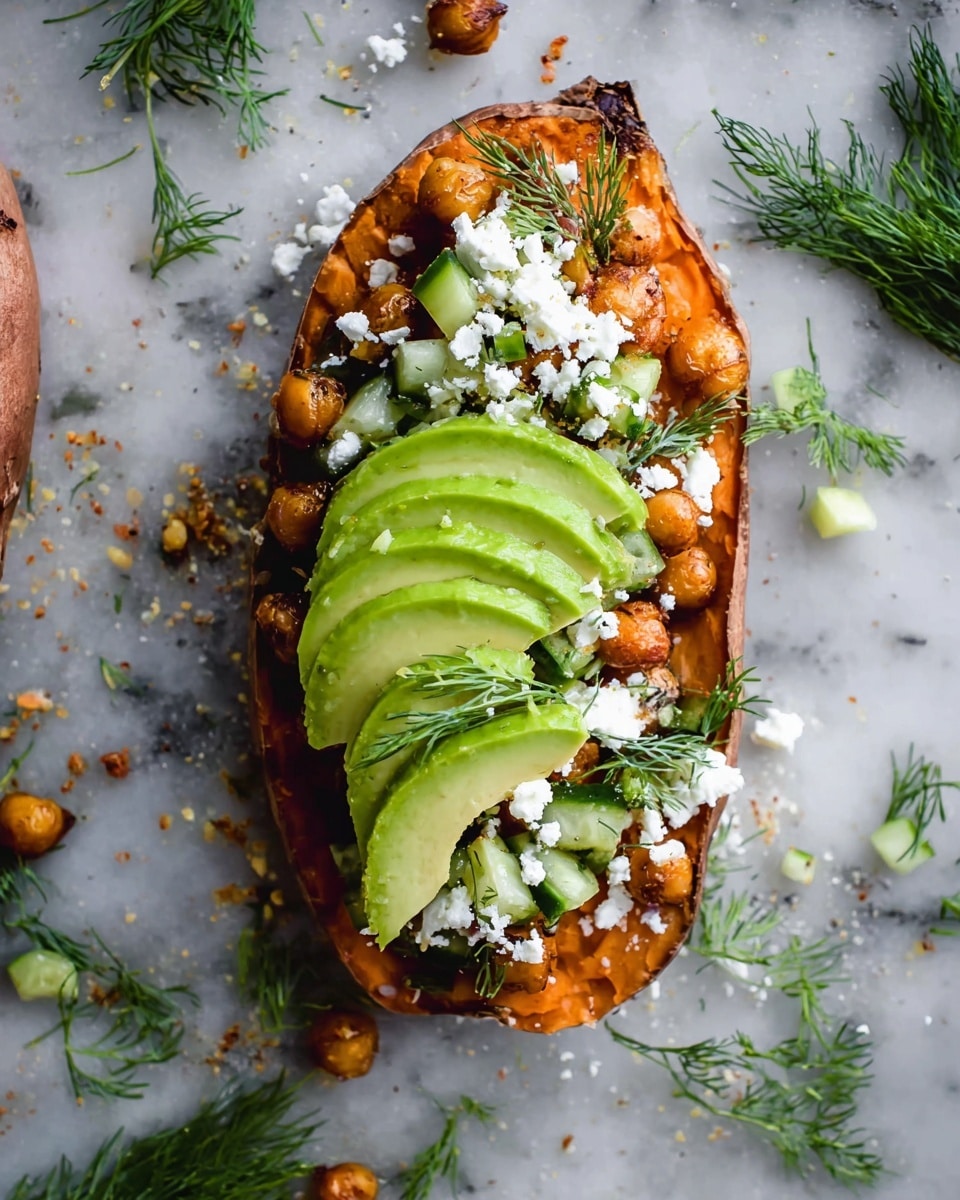 The dish shows a roasted sweet potato sliced open lengthwise as the base layer with a soft, slightly crispy orange skin texture and warm reddish-brown interior. Inside the potato, there is a layer of roasted chickpeas with a golden-brown crispy texture. On top of the chickpeas, fresh green dill sprigs and small diced cucumber pieces add a fresh, leafy texture. Crumbled white cheese is sprinkled generously over the filling, adding a soft, crumbly contrast. Three bright green avocado slices with smooth texture lay neatly on top in a row, curving along the shape of the potato. The dish is on a white marbled surface with some scattered dill, cheese crumbs, cucumber bits, and chickpeas around it, giving it a fresh and rustic look. photo taken with an iphone --ar 4:5 --v 7
