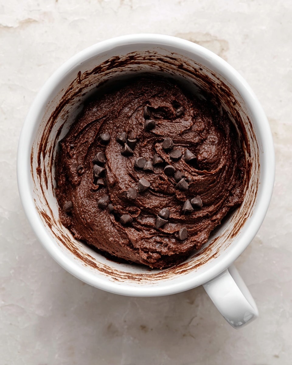 A white bowl filled with thick dark brown chocolate dough mixed with small chocolate chips scattered throughout. The dough has a slightly shiny, smooth, and dense texture with some rough swirls on top, resting against the inner sides of the bowl which also have smears of chocolate dough. The bowl has a handle on its right side and is placed on a white marbled surface. photo taken with an iphone --ar 4:5 --v 7