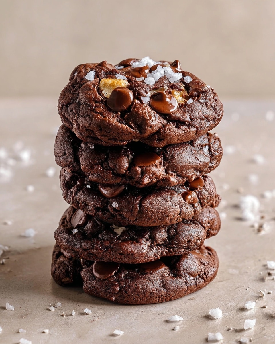 The image shows a close-up of a thick, dark chocolate cookie with a rough texture, on a white marbled surface. The cookie has visible dark chocolate chips embedded on top, some partially melted. At the center of the cookie is a creamy golden brown layer of peanut butter, oozing slightly and mixed with melting chocolate chocolate chips. A bite is taken from the cookie, revealing the soft and rich inside layers. More cookies with similar textures and toppings are partially visible around the main cookie. The scene is lit naturally, emphasizing the glossy chocolate chips and the creamy peanut butter center. Photo taken with an iphone --ar 4:5 --v 7