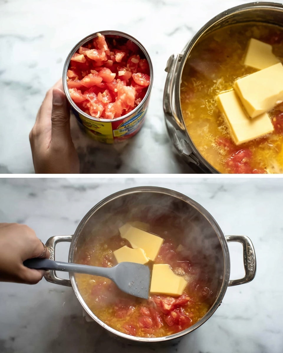 A close-up view of a silver pot on a white marbled surface shows a woman's hand pouring diced tomatoes from a colorful can into a light yellow soup with visible tomato pieces inside. Next to it, the same pot is shown boiling with several thick slices of yellow cheese melting on top of the red tomato and soup mixture, while a woman's hand stirs with a gray spatula inside the pot. Steam rises from the pot, blurring parts of the ingredients. Photo taken with an iphone --ar 4:5 --v 7