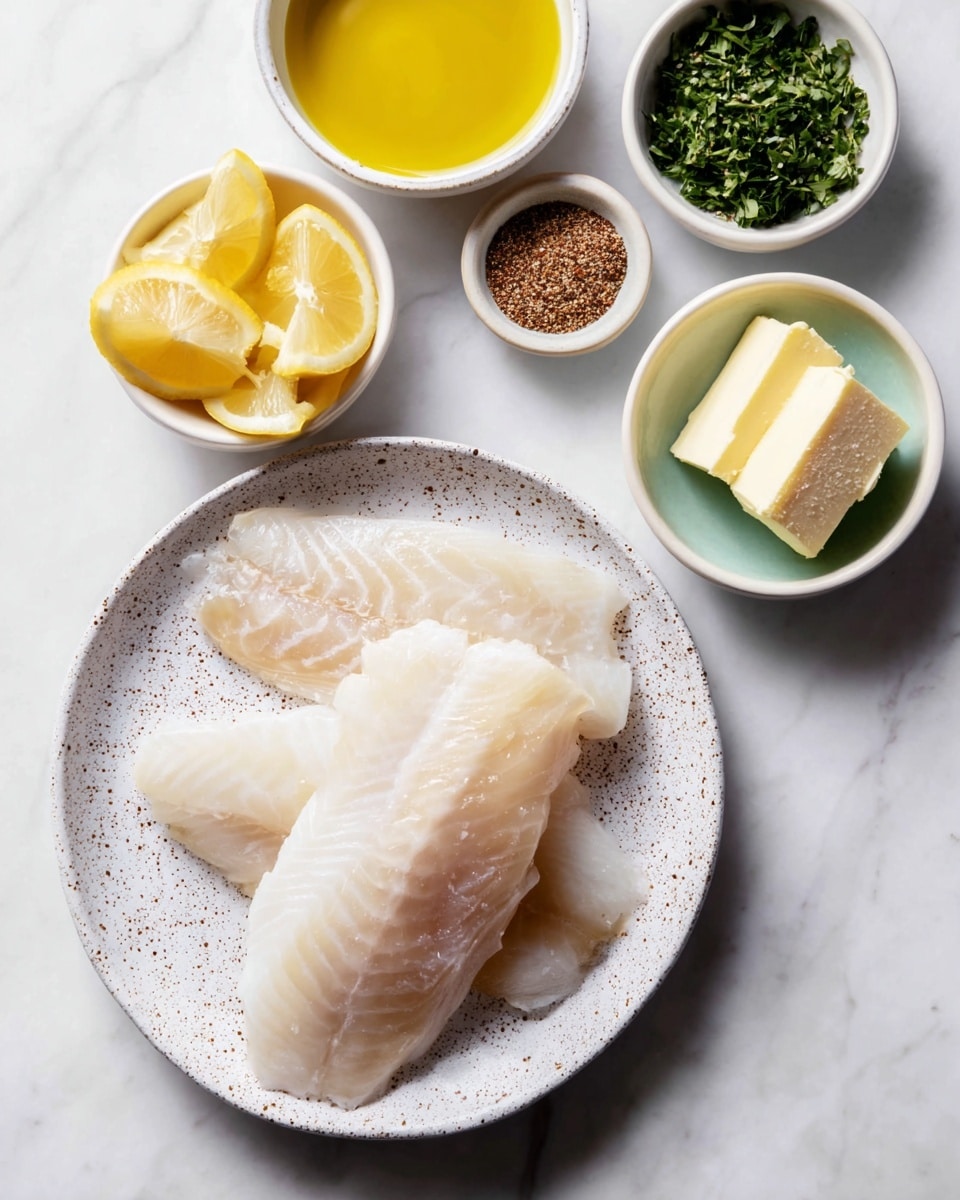 The image shows three white fish fillets with a light, slightly translucent texture on a white speckled plate, placed on a white marbled surface. Above them are five small white bowls scattered around the top half of the image, each holding different ingredients: one bowl contains five lemon wedges with bright yellow skin and juicy, pale yellow flesh; another has golden olive oil with a smooth, shiny surface; a third holds finely chopped green herbs with a leafy texture; the next bowl contains two slabs of pale yellow butter with clean edges, set inside a small round dish with a pale green base; and the last bowl is filled with coarse ground seasoning, dark brown in color and granular in texture. The scene is bright and evenly lit. Photo taken with an iphone --ar 4:5 --v 7