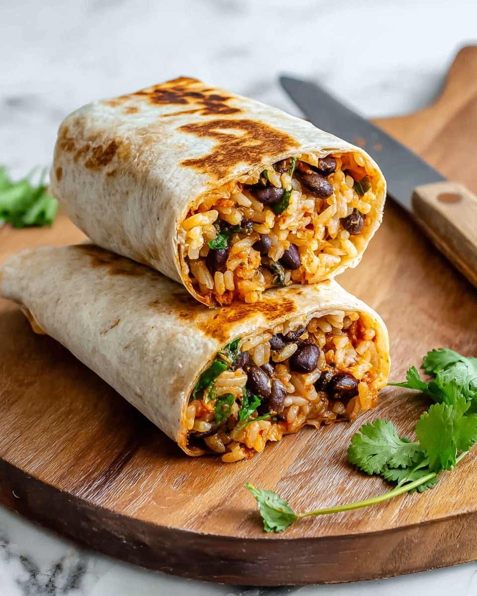 The image shows a burrito cut in half and stacked on a round wooden board. The burrito has a toasted light brown tortilla with some darker brown spots. Inside, there are three visible layers: a soft layer of rice with small pieces of orange sauce, a layer of whole black beans, and fresh chopped green herbs mixed throughout. Some filling spills slightly onto the wooden board. There is some cilantro on the board next to the burrito, and a wooden-handled knife lies beside the burrito. The background is a white marbled texture. photo taken with an iphone --ar 4:5 --v 7