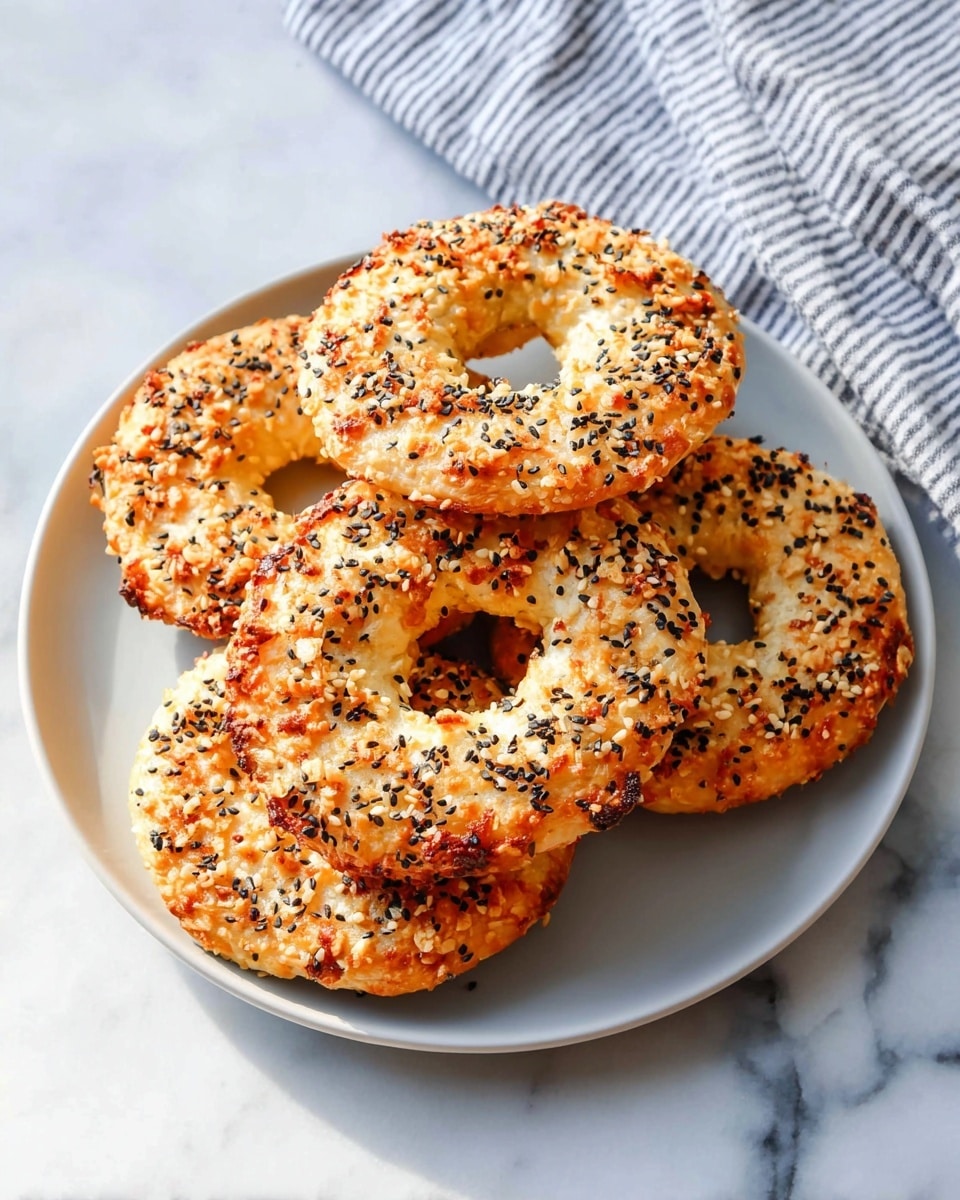 Five round bagels with a hole in the middle sit stacked on a white plate, each bagel topped with a mix of black and white sesame seeds and small bits of seasoning, giving them a textured, crunchy look. The bagels are golden brown with some darker toasted spots, and the edges appear slightly crisp. The plate is placed on a white marbled surface with a striped cloth partially visible in the top area. The lighting is bright and natural, highlighting the crispy texture of the bagels. photo taken with an iphone --ar 4:5 --v 7