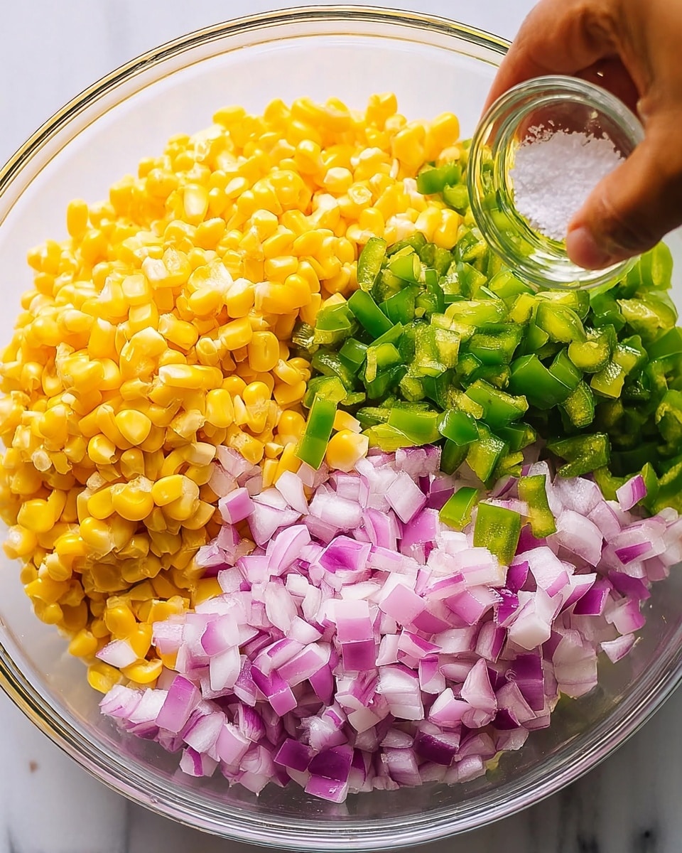 A clear glass bowl with three layers of chopped ingredients making a colorful mix: bright yellow corn kernels fill most of the bowl on the left and bottom side, finely chopped purple and white onions fill the right side, and finely chopped green bell peppers cover the top part. A woman's hand is seen adding salt from a small clear container on the top right. The background has a white marbled texture. photo taken with an iphone --ar 4:5 --v 7