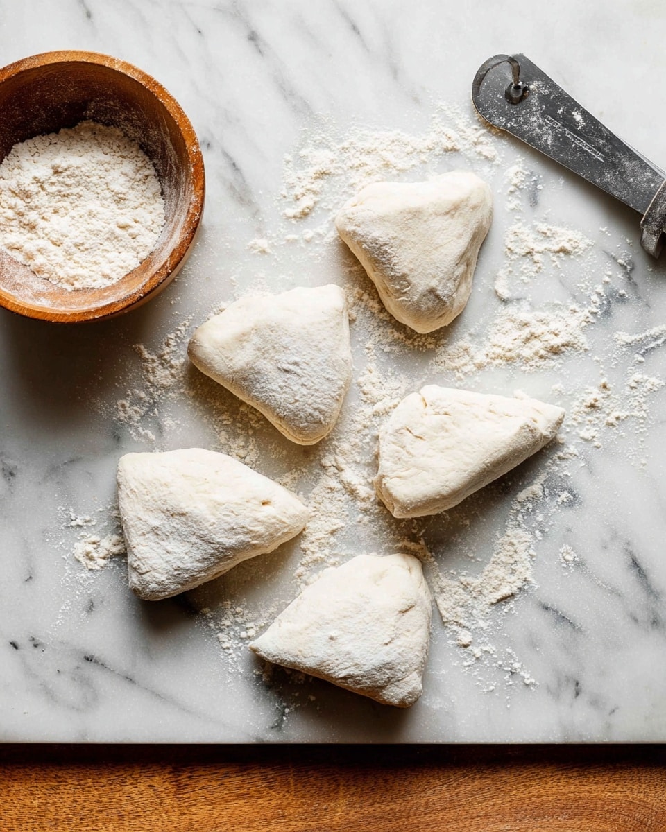 Six raw dough pieces in uneven triangular shapes are placed on a white marbled surface, each dusted lightly with flour giving them a soft, slightly rough texture. To the left is a small wooden bowl filled with flour, and on the right side lies a metal pizza cutter resting on the same white marbled surface sprinkled with flour. The top and bottom edges of the white marbled surface contrast with a warm wooden table. The overall look is clean and rustic, showing the preparation stage of baking photo taken with an iphone --ar 4:5 --v 7