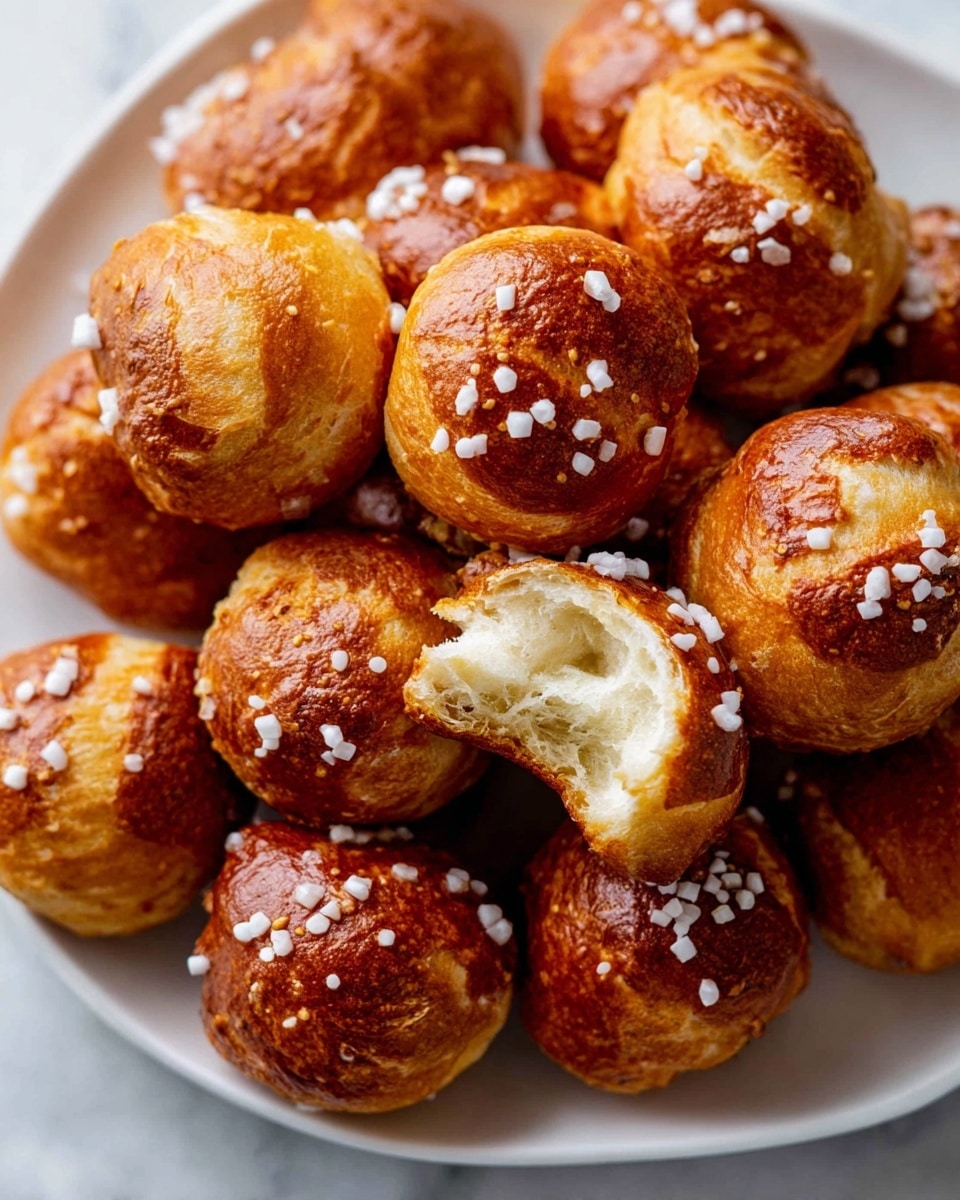 A white plate full of small soft round pretzel bites with a golden brown crust on the top layer, each sprinkled with big white salt pieces. One bite is broken open near the top right side, showing a very soft and fluffy white inside. The pretzels have a shiny texture with different shades of brown and some cracks on the surface. The plate is set on a white marbled surface. photo taken with an iphone --ar 4:5 --v 7