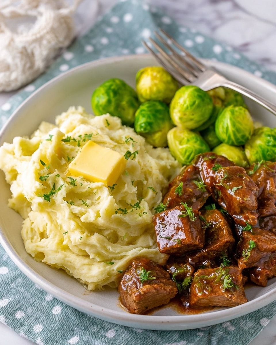 A white plate holds three main layers of food: on the left, creamy mashed potatoes with a soft yellow butter pat melting on top and small green herb bits scattered over; at the top right, bright green Brussels sprouts, round and shiny, sitting closely together with a metal fork resting among them; at the bottom right, cubes of brown meat covered in a shiny sauce sprinkled with small green herbs. The plate is placed on a light blue cloth with white dots, on a white marbled surface. Photo taken with an iphone --ar 4:5 --v 7