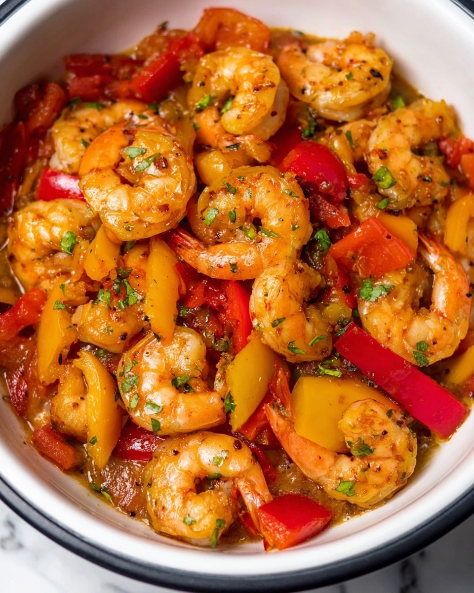Inside a stainless steel cooking pot, there is a colorful shrimp stew with three main layers visible: plump orange shrimp forming the top layer, mixed with bright red and yellow bell pepper pieces scattered throughout as the second layer, and a thin layer of light brown broth with bits of green herbs floating around at the bottom. The shrimp are well-cooked with a slight shine, and small chopped green herbs are sprinkled across the entire dish, adding a fresh touch. The background shows the white marbled texture of a kitchen surface. photo taken with an iphone --ar 4:5 --v 7