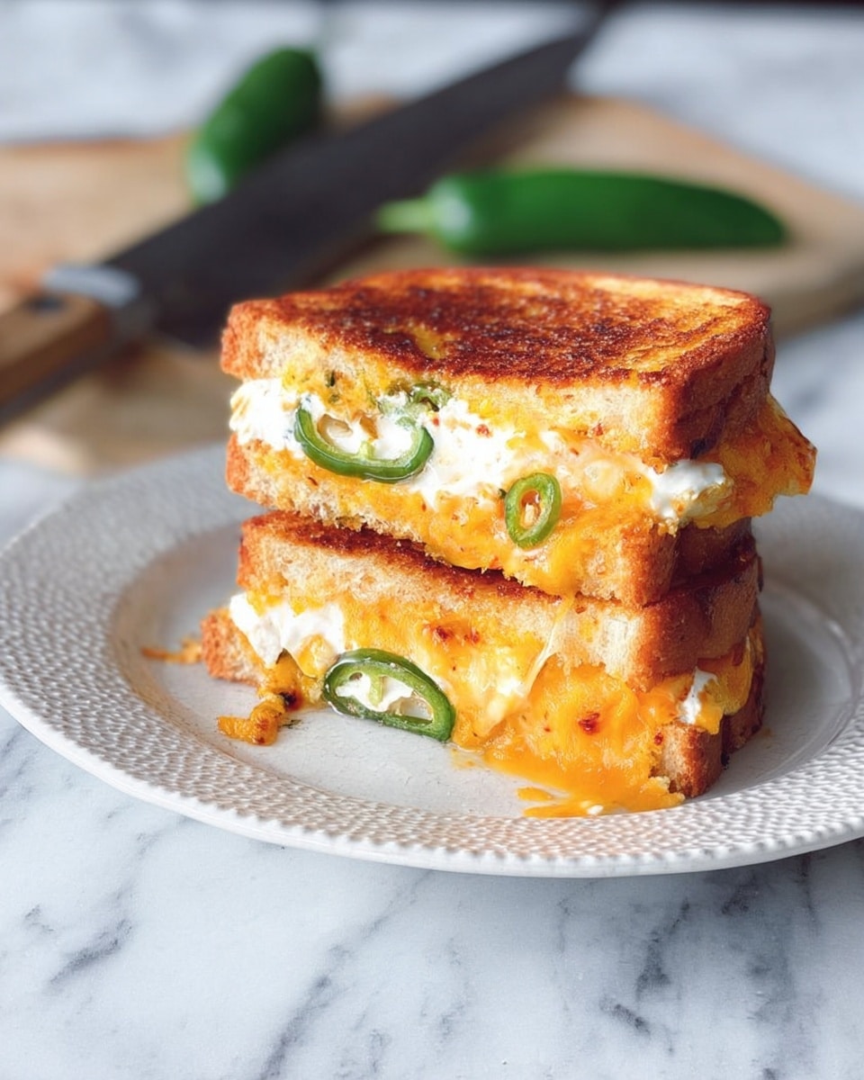 Two toasted sandwich pieces are stacked on a white plate with a textured rim. The top and bottom layers are golden brown toasted bread with a crunchy texture. Between the bread layers, there is bright orange melted cheese oozing out, a layer of white creamy spread, and visible slices of fresh green chili. The plate is placed on a white marbled surface, with a large knife and two whole green chilies in the blurred background. Photo taken with an iphone --ar 4:5 --v 7
