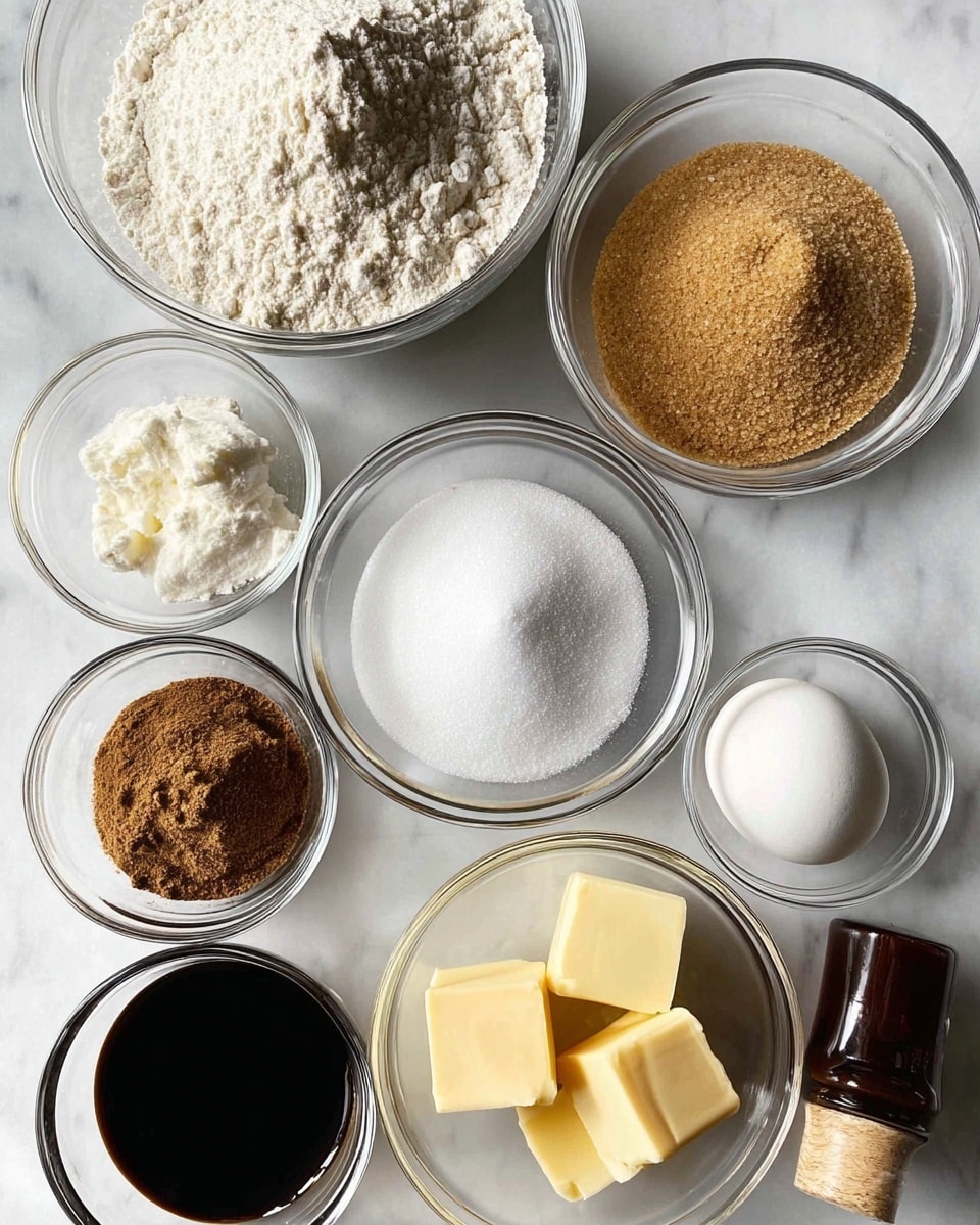 A top view of eight small clear glass bowls and one white egg arranged on a white marbled surface showing baking ingredients. The largest bowl at the top center holds white flour with a slight mound. To the right is a bowl with packed light brown sugar, partially scooped out. Below the flour is a bowl with white granulated sugar, and a smaller bowl to its right contains white baking soda and powder. At the bottom left, a bowl holds mixed brown spices. The center bottom bowl is filled with dark liquid, likely molasses or syrup. To the right is a bowl with three cubes of yellow butter. A white egg is close to the sugar bowls. A bottle with a dark brown cap and nozzle is partially visible at the bottom right. Everything sits neatly spaced apart. Photo taken with an iphone --ar 4:5 --v 7