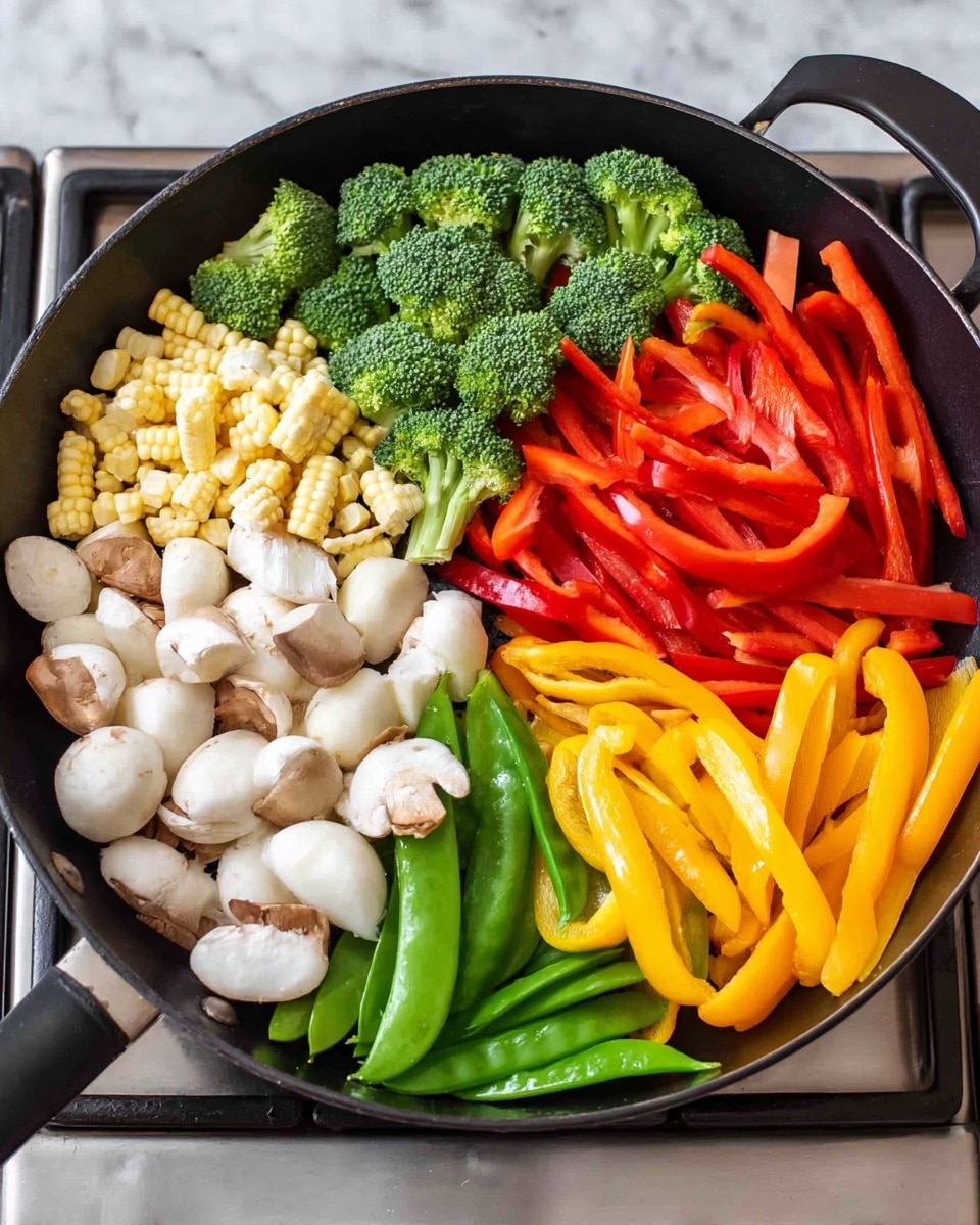 A black pan filled with seven groups of colorful fresh vegetables arranged in a circular pattern. At the top left, there are small beige baby corns followed by green broccoli florets. Next to them are long red bell pepper strips on the top right. Below the red peppers are bright yellow bell pepper strips. Near the bottom right are fresh green snap peas. Moving left are slices of white mushrooms with brown edges, and above those are white water chestnuts. The pan sits on a stove with a white marbled surface in the background. Photo taken with an iphone --ar 4:5 --v 7