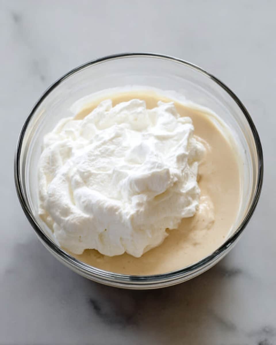 A clear glass bowl filled with a light beige creamy mixture covers the bottom layer, with a large fluffy white cloud-like dollop of whipped cream sitting thickly on top at the center, creating a soft and airy texture contrast between the two layers. The bowl rests on a smooth white marbled surface. photo taken with an iphone --ar 4:5 --v 7