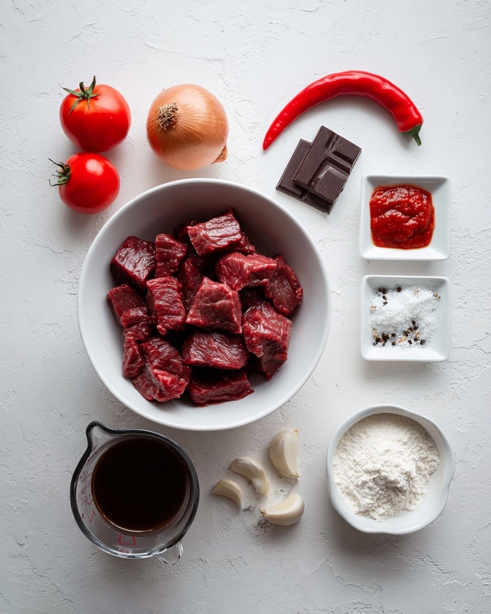 The image shows various ingredients arranged neatly on a white marbled surface. In the center, there is a white bowl filled with dark red, raw beef chunks. Around it, starting from the left, there are two whole red tomatoes, a brown onion, and two small pieces of dark chocolate. Above the bowl, there are two peeled garlic cloves and a whole red chili pepper. To the right, there are three small white square dishes: one with a dollop of deep red tomato paste, one with white flour, and one round dish with salt and black pepper. Next to these dishes is a clear measuring cup filled with dark brown liquid. Photo taken with an iphone --ar 4:5 --v 7