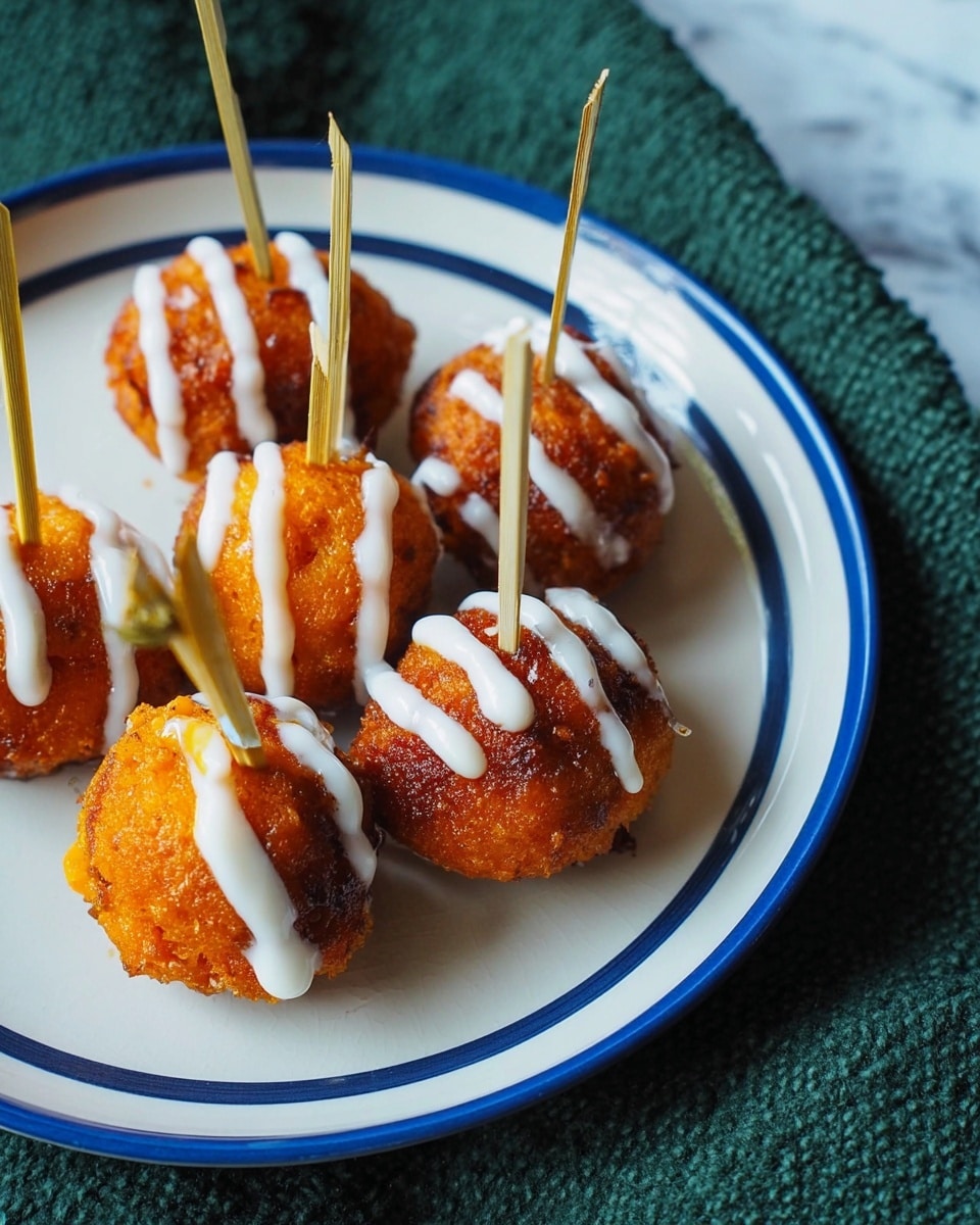 The image shows a white plate with blue stripes on the edge, holding six orange-brown fried balls topped with white sauce. Each ball has a slightly rough texture and is pierced by a looped bamboo skewer. The white sauce is drizzled in lines over the top of the fried balls, adding contrast to the warm orange color of the food. The plate sits on a dark green textured cloth, with a white marbled surface underneath. The photo taken with an iphone --ar 4:5 --v 7