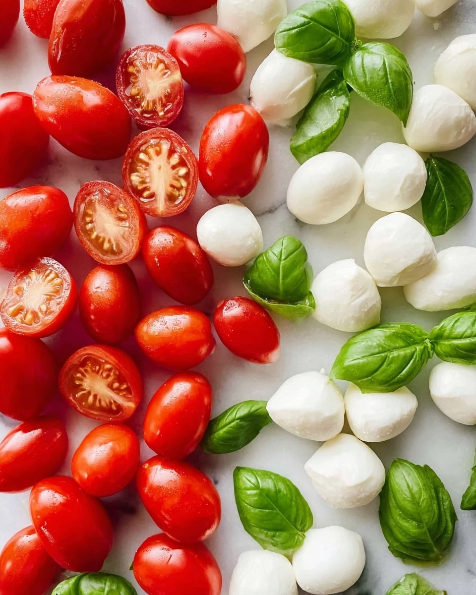 The image shows one layer of fresh grape tomatoes, some whole and some cut lengthwise to show their juicy inside, arranged on the left side with a rich red color and smooth, shiny texture. Next to them, there is one layer of small white mozzarella balls, some whole and some cut in halves, showing a soft and smooth surface. Scattered evenly across and around both the tomatoes and mozzarella are bright green basil leaves with a smooth, slightly veined texture. All the ingredients are placed on a white marbled surface. Photo taken with an iphone --ar 4:5 --v 7
