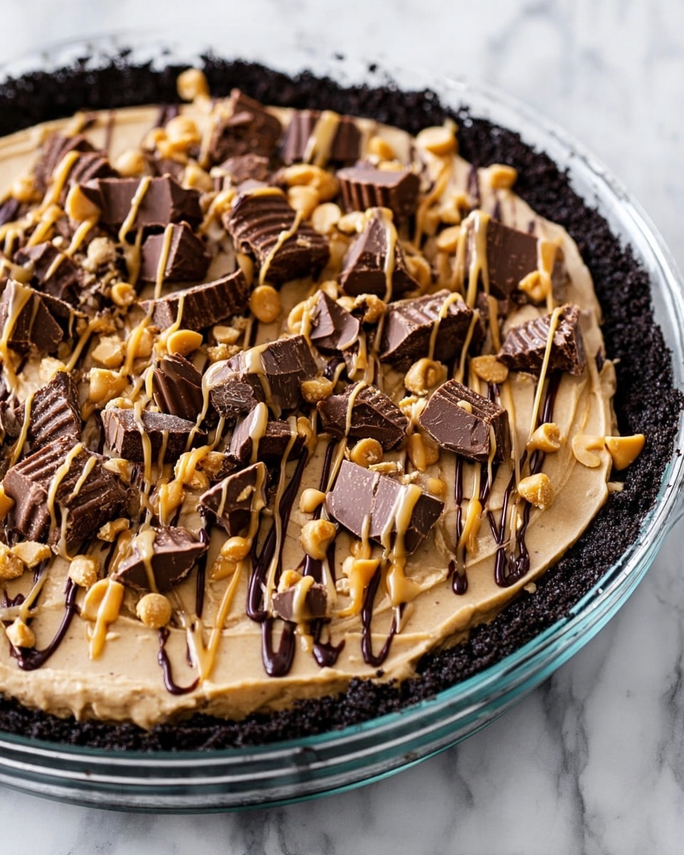 A pie in a clear glass dish with three layers: a dark crumbly crust on the bottom and sides, a thick creamy light brown layer in the middle, and a topping of broken pieces of chocolate peanut cups mixed with light brown peanut butter chips and drizzled with peanut butter and dark chocolate sauce on top. Some crumbs and chips are scattered inside the dish. The dish sits on a white marbled surface. photo taken with an iphone --ar 4:5 --v 7