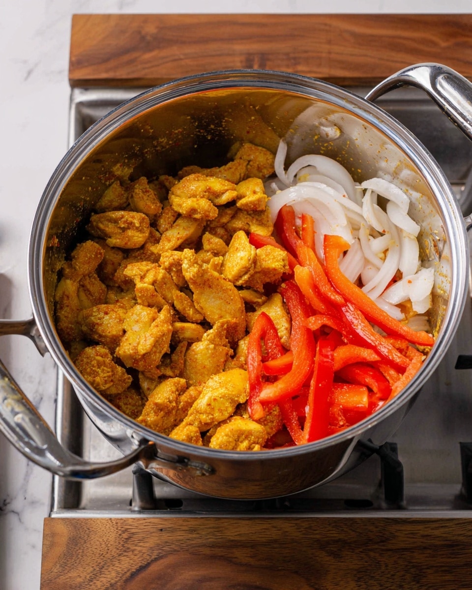 A silver pot sits on a stove with two main layers inside: the left side is filled with yellow-orange marinated chicken pieces, textured with spices, and the right side has a mix of white onions and bright red bell pepper strips. The pot has two handles and is placed against a wooden cutting board in the background, which has been replaced with a white marbled texture. The scene is clear and bright, showing the ingredients ready to cook photo taken with an iphone --ar 4:5 --v 7