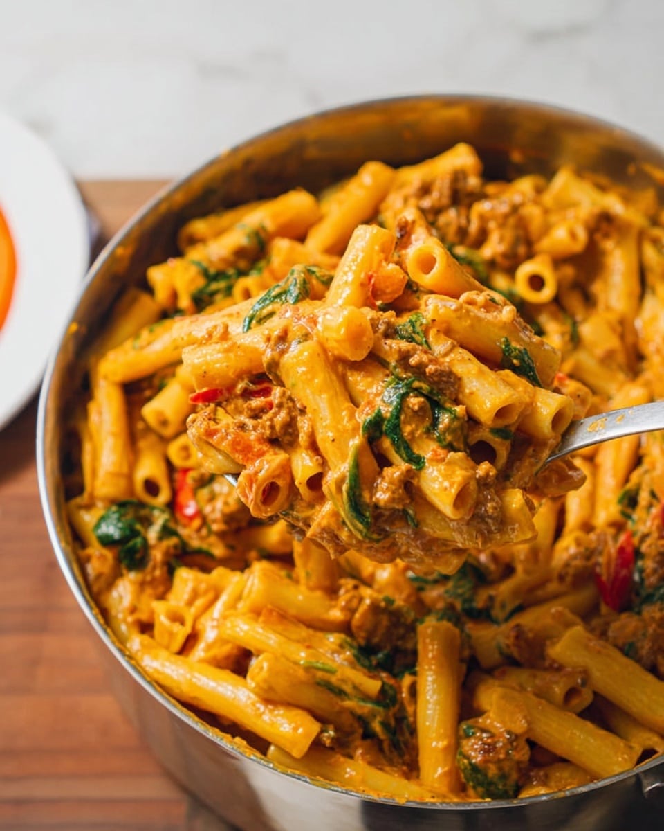 A silver pot filled with orange creamy sauce pasta shaped like tubes, mixed with small pieces of meat, green spinach leaves, and bits of red peppers. The pasta looks hot and well mixed, and a spoon lifts a big portion showing all layers of sauce, pasta, meat, and vegetables clearly. The background surface is white marbled texture, with a white plate with orange rings partly visible on the side. Photo taken with an iphone --ar 4:5 --v 7