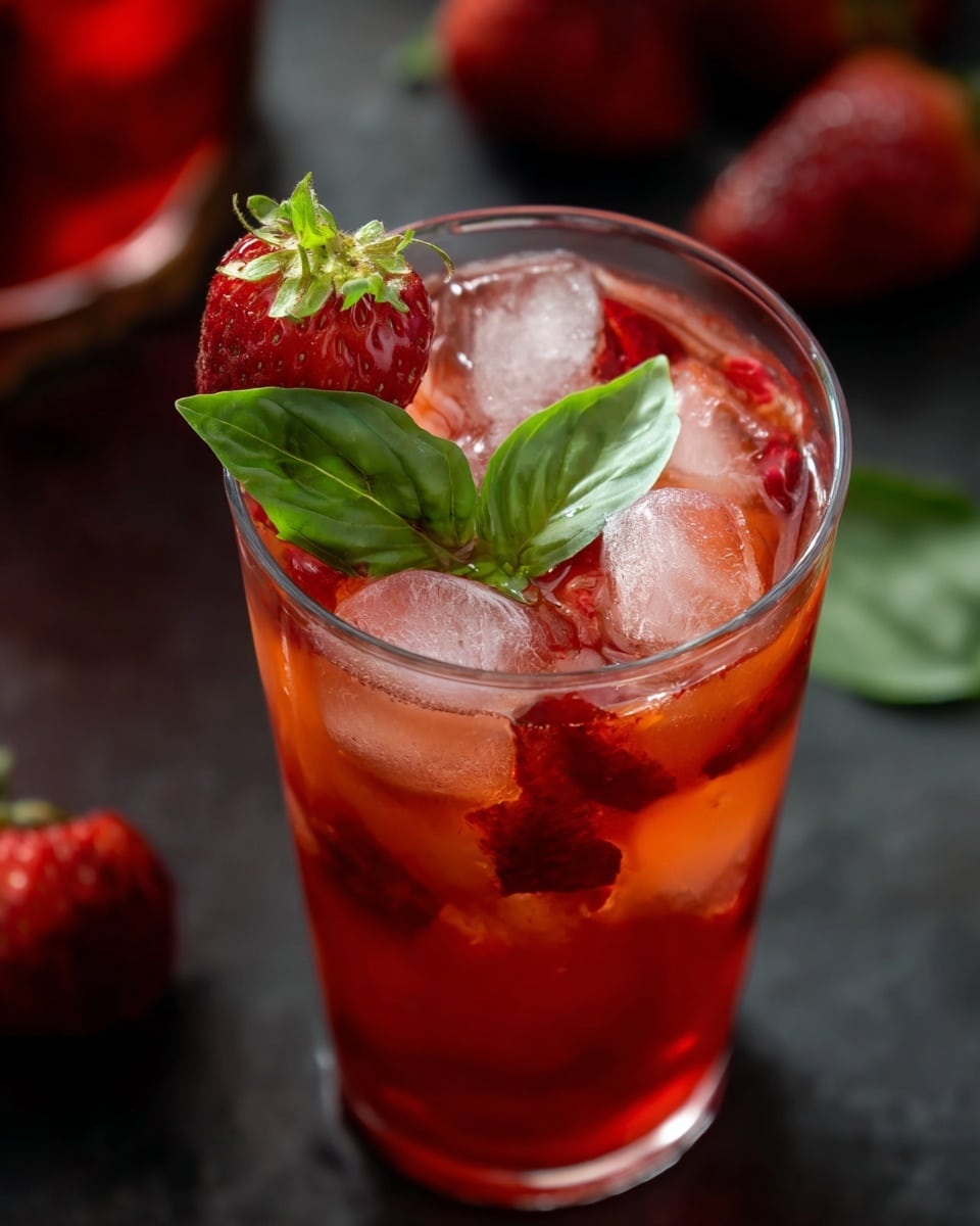The image shows a close-up of a tall clear glass filled with a bright red drink mixed with several clear ice cubes. Inside the glass, there are small pieces of red fruit floating near the top layer. On this top layer sits a fresh green basil leaf and a whole red strawberry with green leaves still attached, resting on the rim of the glass. The background is dark and blurred, with hints of similar red fruits. Photo taken with an iphone --ar 4:5 --v 7