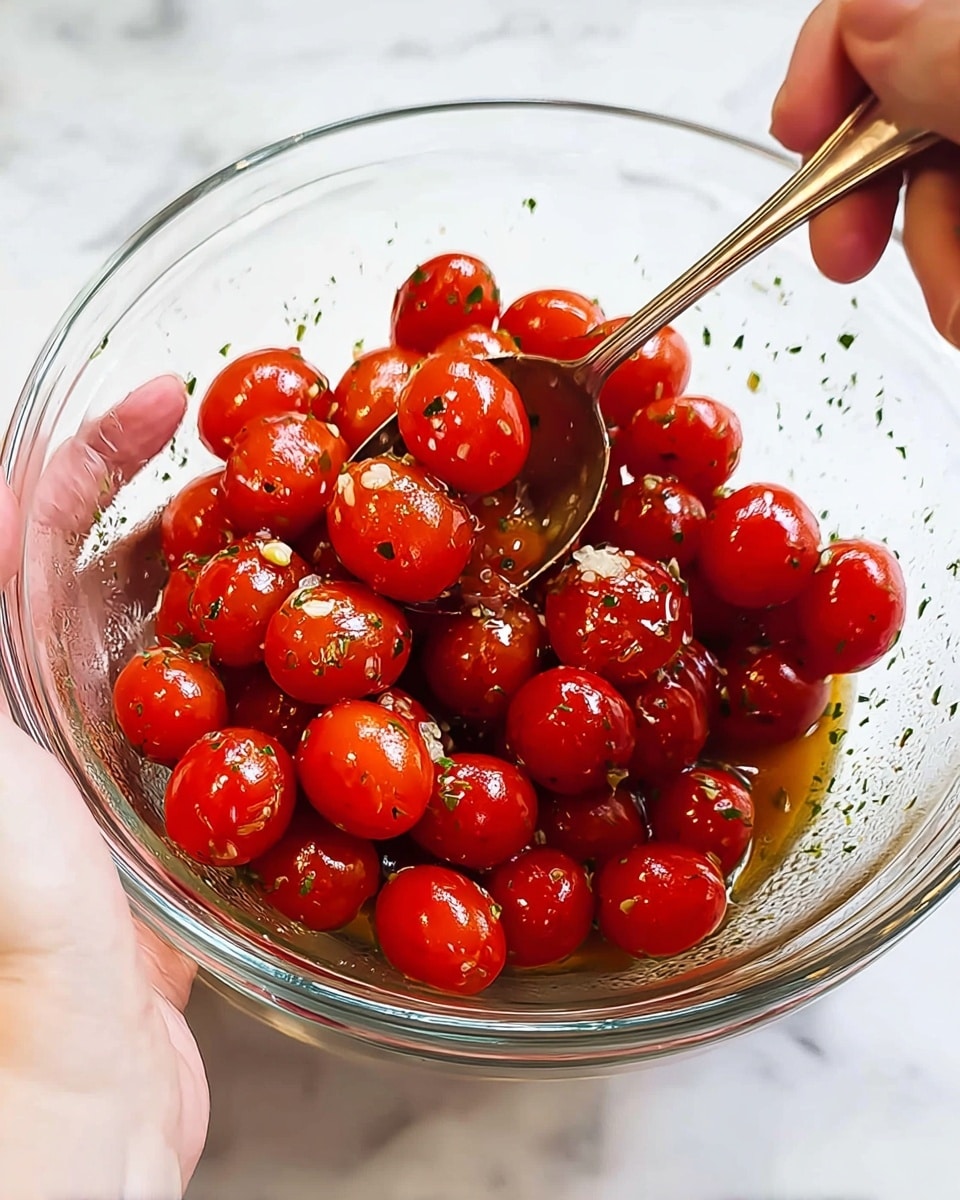 A clear glass bowl holds a mix of shiny, bright red cherry tomatoes coated in a light, oily dressing with small bits of green herbs. The bowl is being held by a woman's hand on the left side, while another woman's hand on the right is stirring the tomatoes with a silver spoon. The background is a white marbled surface. photo taken with an iphone --ar 4:5 --v 7