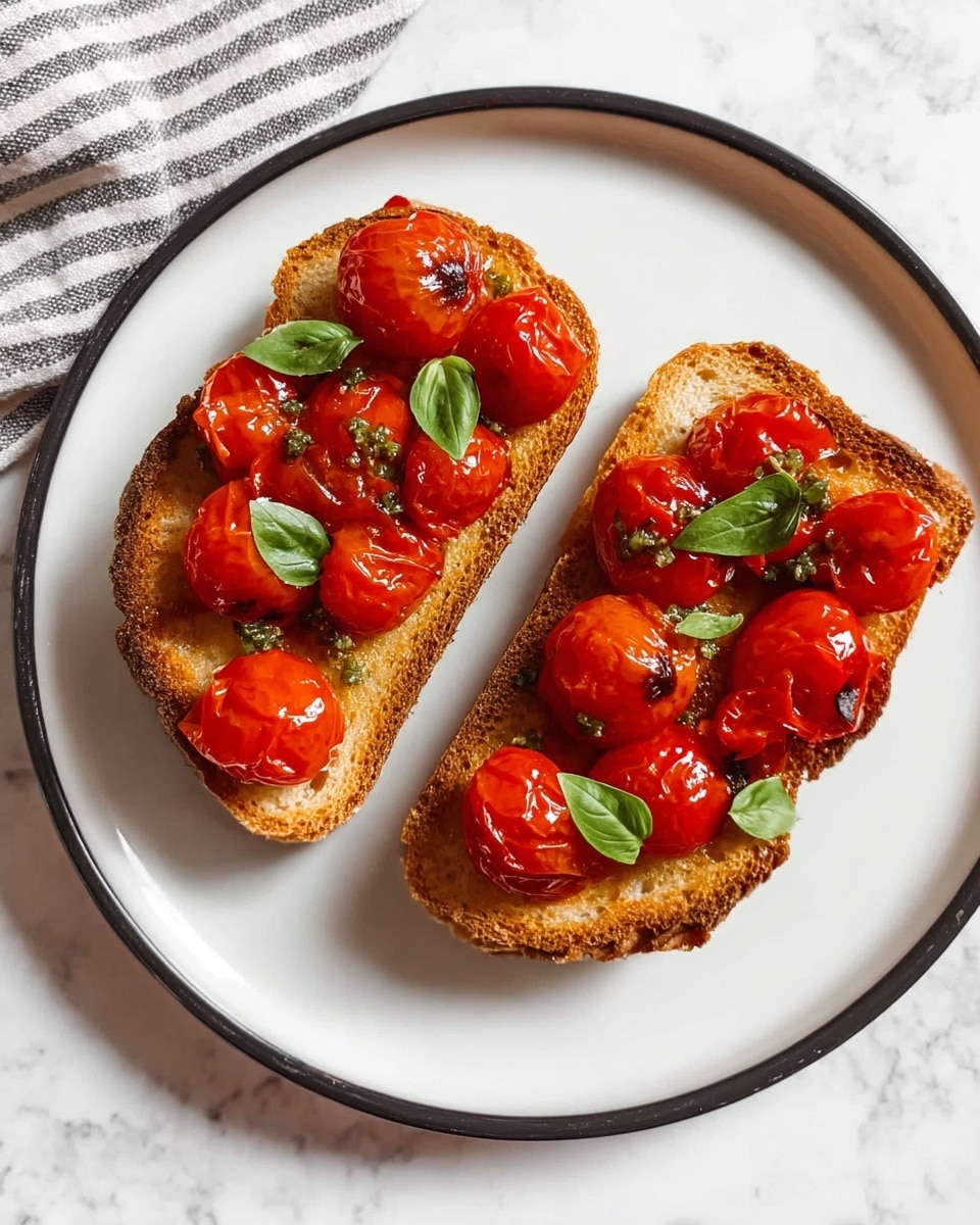Two pieces of light brown toasted bread are placed side by side on a white plate with a black rim. Each piece is topped with whole roasted bright red cherry tomatoes, which have a shiny and slightly wrinkled texture. Small green basil leaves are scattered on top of the tomatoes, adding a fresh contrast. The white plate sits on a white marbled surface, and a striped cloth is partially visible in the top left corner. photo taken with an iphone --ar 4:5 --v 7