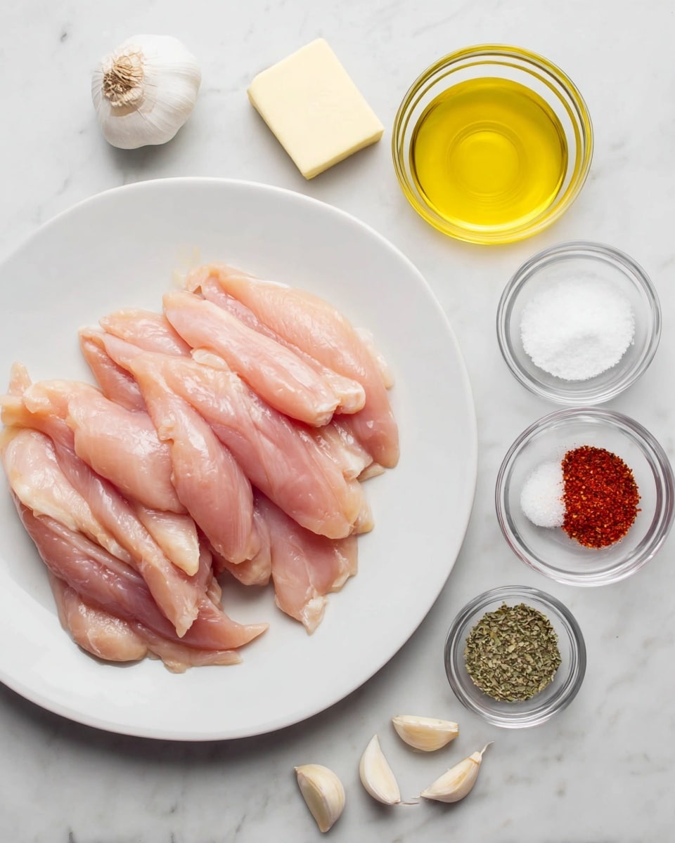 The image shows a white plate with several pieces of raw pink chicken tenders arranged in a slightly overlapping manner. To the right of the plate, there are six small glass bowls and a few whole garlic cloves scattered loosely below them. The bowls contain different ingredients: one has clear yellow olive oil, another has a block of pale yellow butter, one holds white salt, another has a red spice, and the last one contains dried green herbs. All these items are placed on a white marbled surface. Photo taken with an iphone --ar 4:5 --v 7
