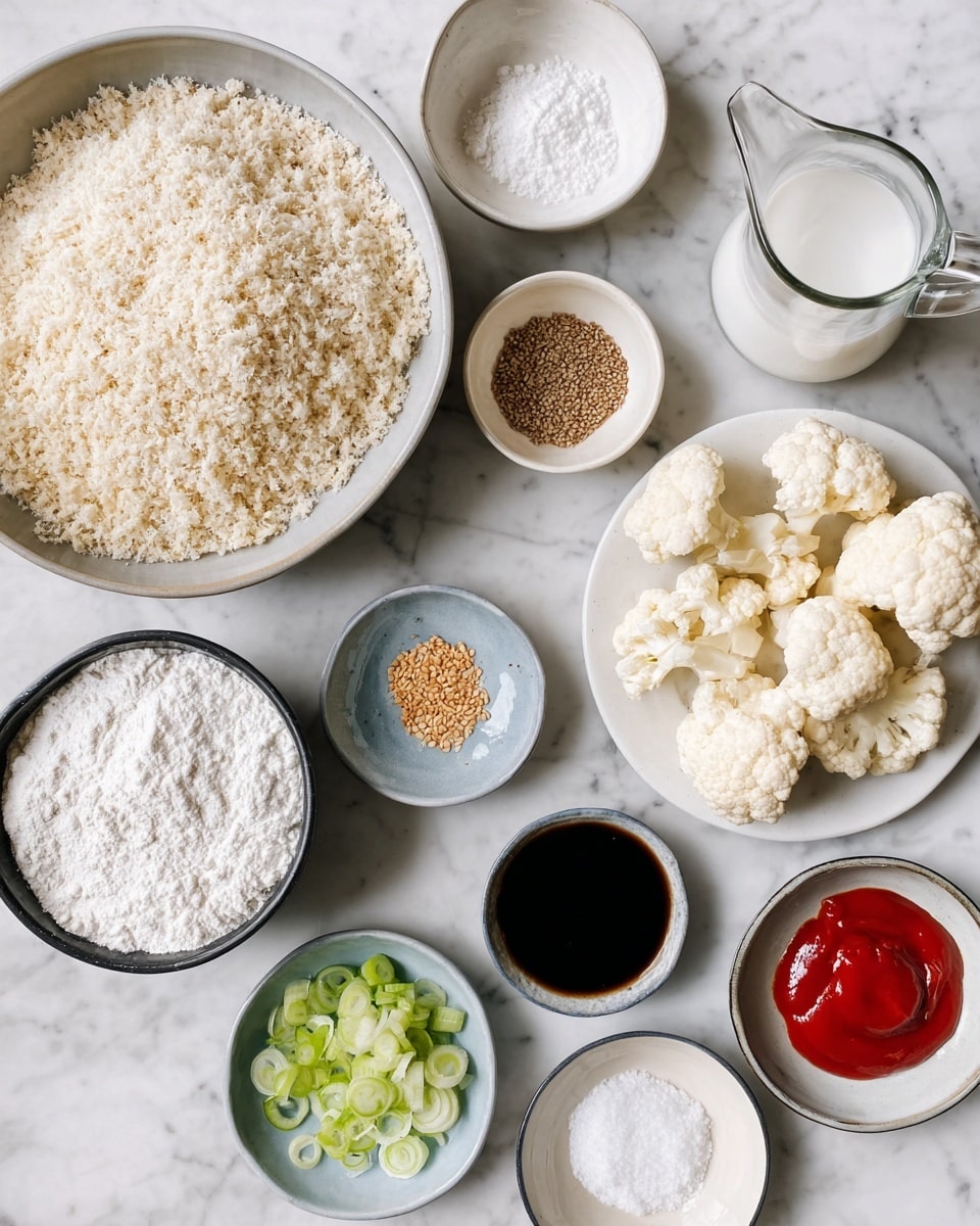 The image shows many bowls with cooking ingredients placed on a white marbled surface. There is one large bowl filled with panko breadcrumbs, and another large bowl with white flour beside it. A smaller white bowl contains a mix of salt, pepper, and a light brown seasoning. A plate holds white cauliflower florets. There is a small bowl with sesame seeds and another with sliced green onions. White powdered starch sits in a small dark bowl, and a glass pitcher contains a white liquid. One small bowl has dark soy sauce, and another small bowl contains red ketchup. All the bowls and plates are white, creating a clean and simple look. The photo is taken with an iphone --ar 4:5 --v 7