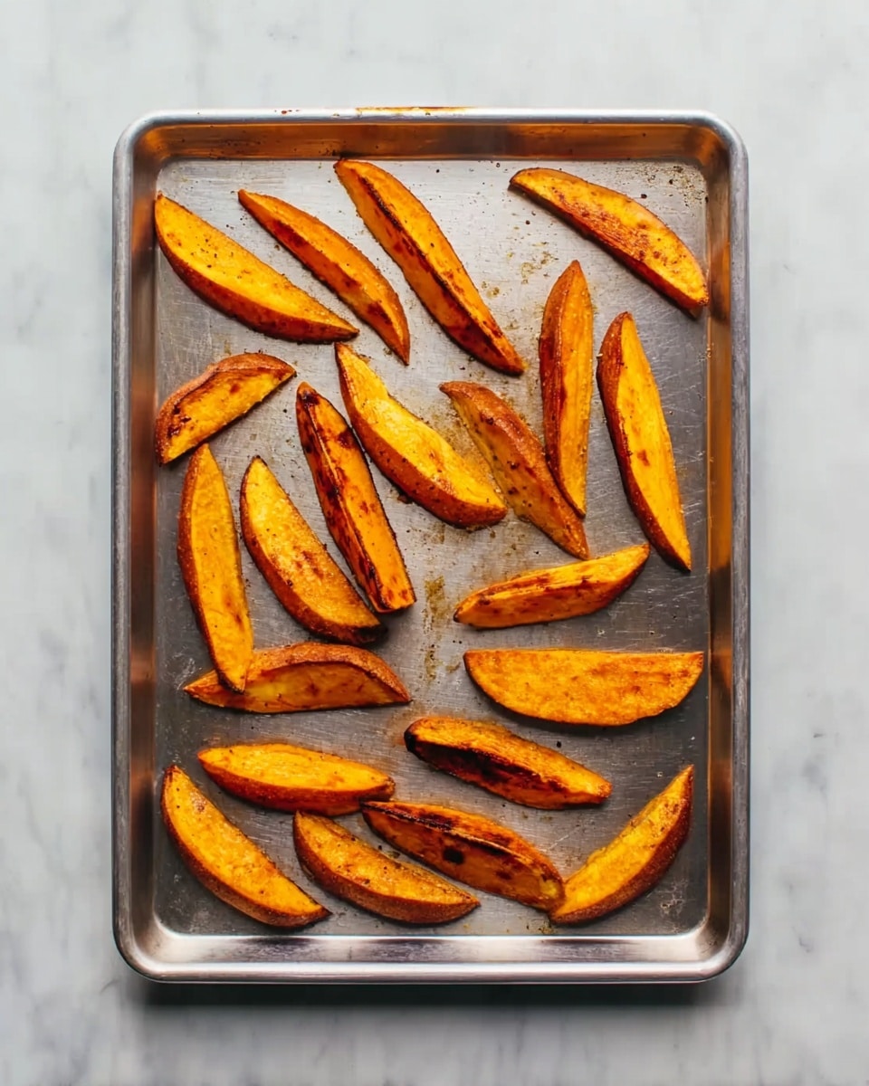 The image shows a silver baking tray with about 15 slices of roasted sweet potatoes spread evenly across it. Each slice is golden orange with spots of darker brown where they have been roasted, giving a slightly crispy look. The tray is placed on a white marbled surface, which contrasts with the warm colors of the sweet potato wedges. photo taken with an iphone --ar 4:5 --v 7