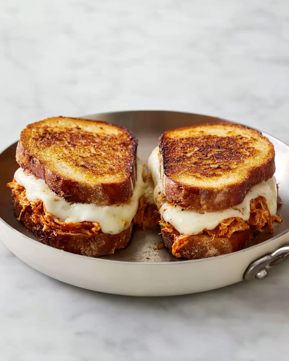 Two grilled sandwiches are placed side by side in a round white pan on a white marbled surface. Each sandwich has three layers: the top golden-brown toasted bread has a slightly crispy texture with some grill marks; below that is a thick layer of white melted cheese, smooth and creamy looking; the bottom layer is a mix of shredded, reddish-orange filling with a moist texture, peeking out slightly from the sides. The sandwiches have a warm, inviting look with soft melted cheese oozing a little over the filling. Photo taken with an iphone --ar 4:5 --v 7