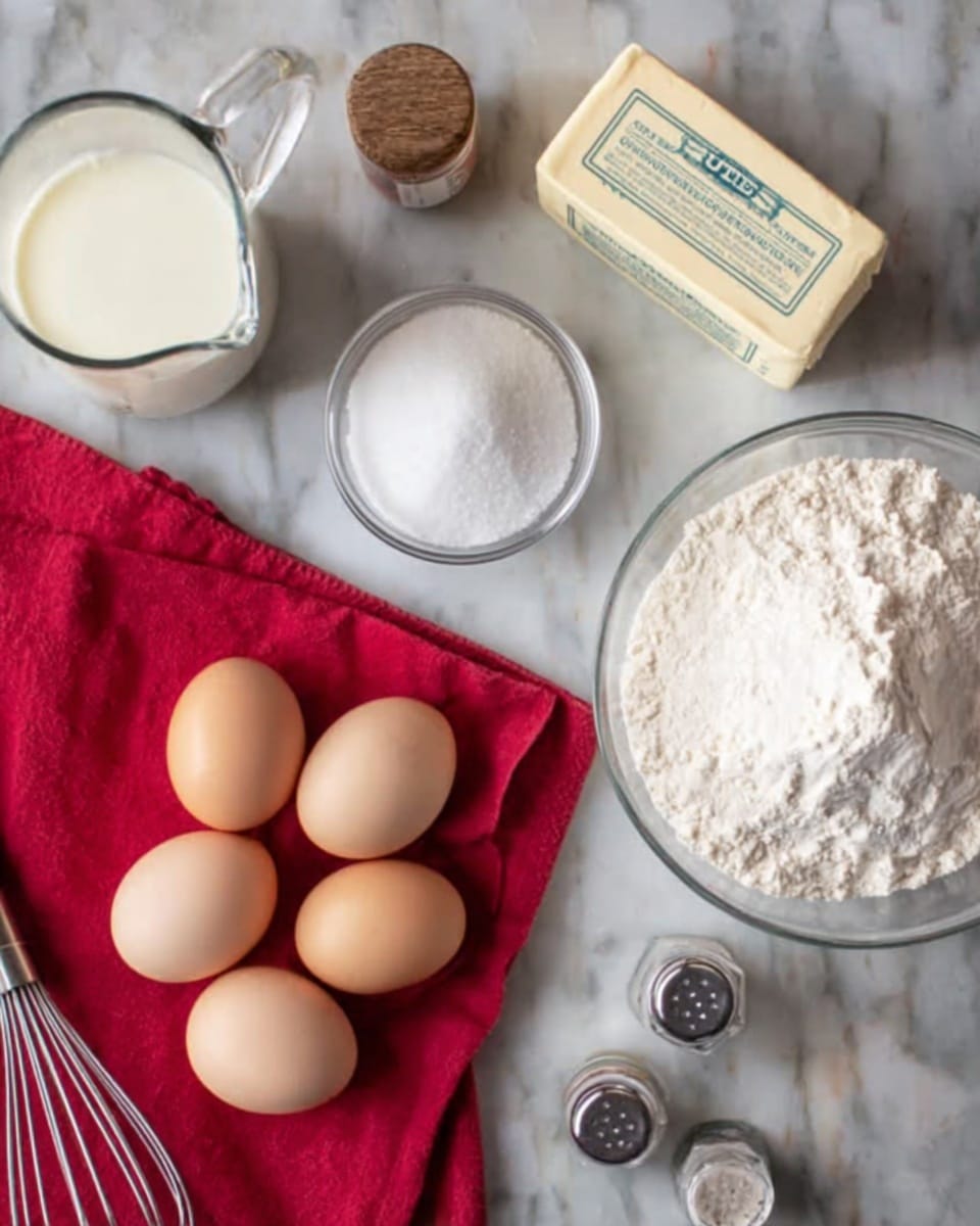 The image shows a white marbled surface with a simple baking setup. On the surface, there are five light brown eggs resting on a red cloth towards the bottom left. To the top right, there is a clear glass bowl filled with white flour and a small box of butter placed above it with the label facing up. Next to the flour, there is a small clear bowl filled with granulated white sugar, and next to it on the far left is a glass measuring cup filled with milk. A silver wire whisk is partially visible on the red cloth near the eggs, and two small clear shakers, one with salt and the other with vanilla extract, are arranged near the center right. The whole scene is bright with soft natural lighting. photo taken with an iphone --ar 4:5 --v 7