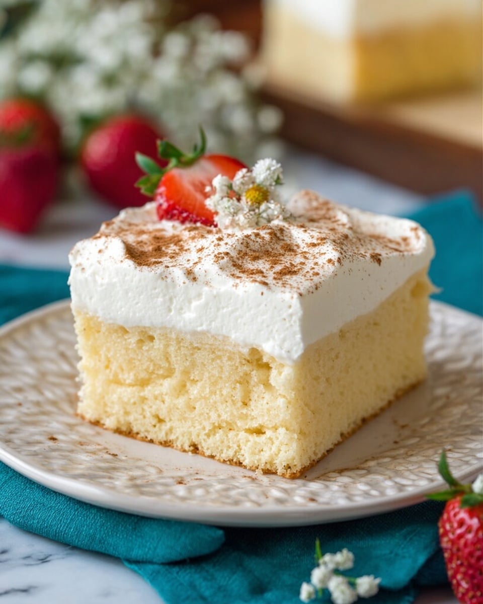 A square piece of moist light yellow cake with a spongy texture fills the bottom layer. On top, there is a thick, smooth layer of white whipped cream spread evenly, sprinkled lightly with brown cinnamon powder. The cake sits on a white, decorative plate that is placed on a teal cloth over a white marbled surface. In the background, there are red strawberries and small white flowers slightly blurred. Photo taken with an iphone --ar 4:5 --v 7
